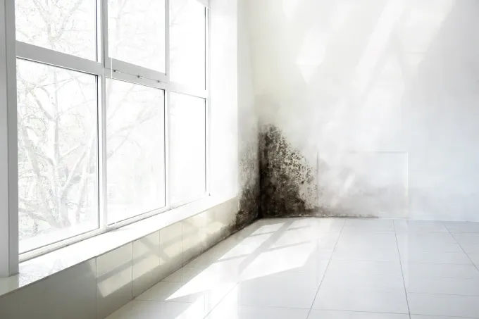 Bright white empty room with large windows and sunlight, showing dark mold growth in the corner