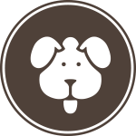 A white dog 's head is in a brown circle.