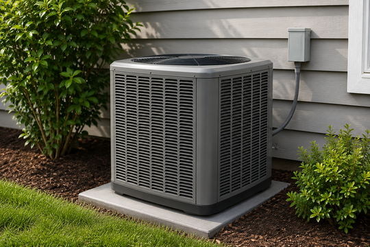 Outdoor HVAC unit beside a house, set on a concrete pad near shrubs.