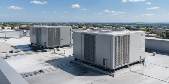 Snow-covered rooftop with large gray HVAC units under a clear blue sky