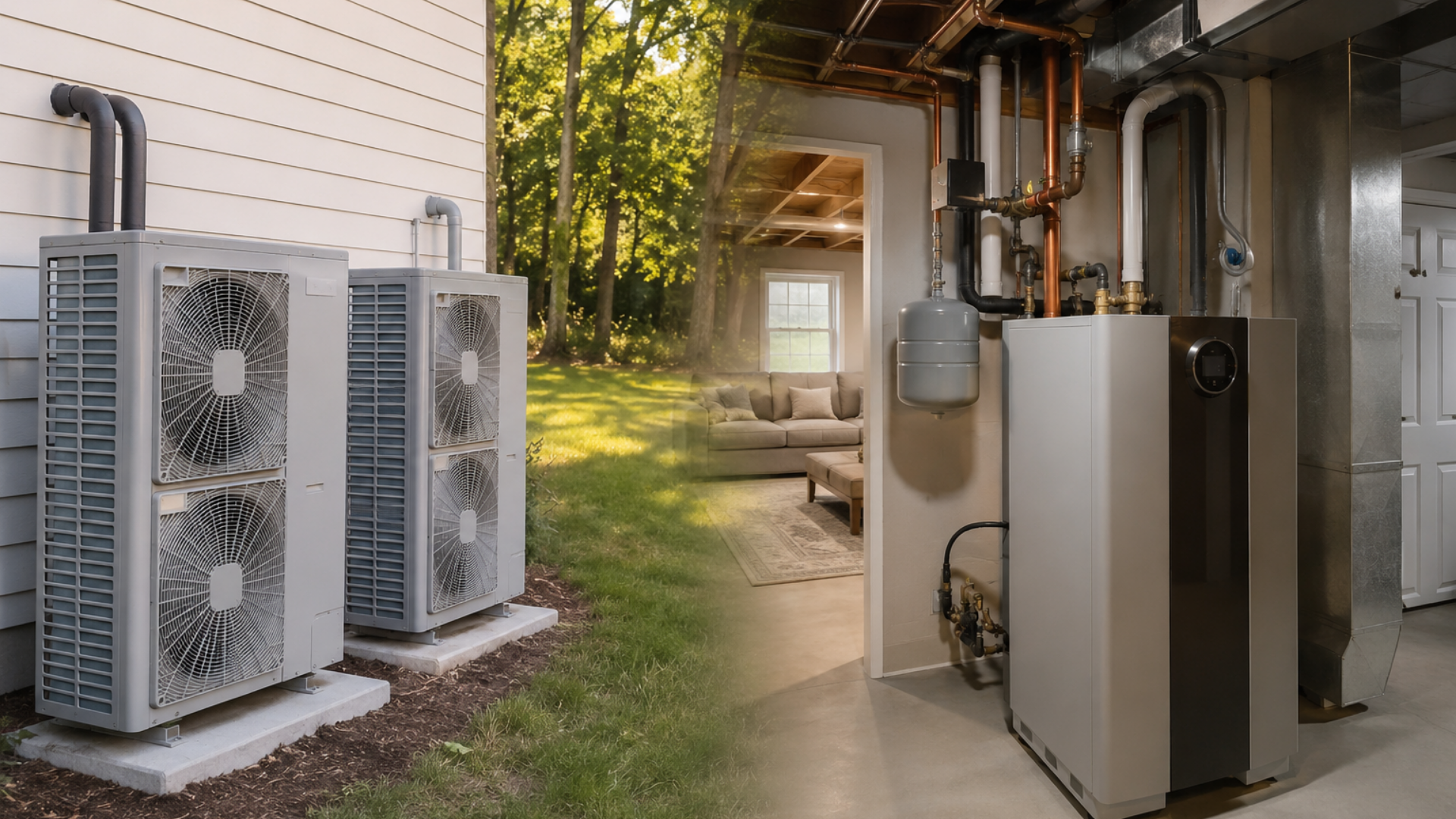 Outdoor and indoor heat pump units in a home mechanical area, showing HVAC equipment installation