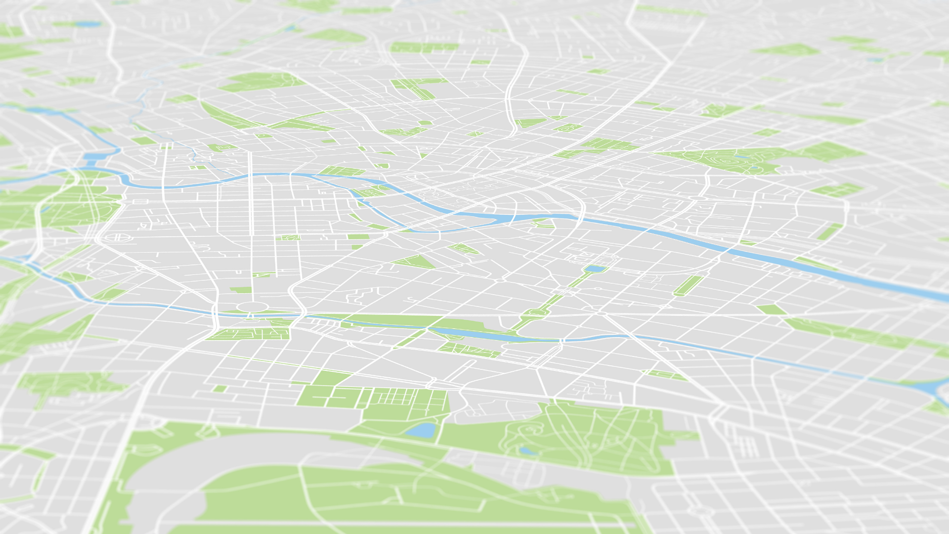 Stylized city map with roads, green parks, and a blue river running diagonally across the scene