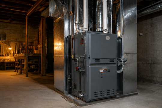 Large gray furnace in an unfinished basement with exposed ducts and warm amber lighting