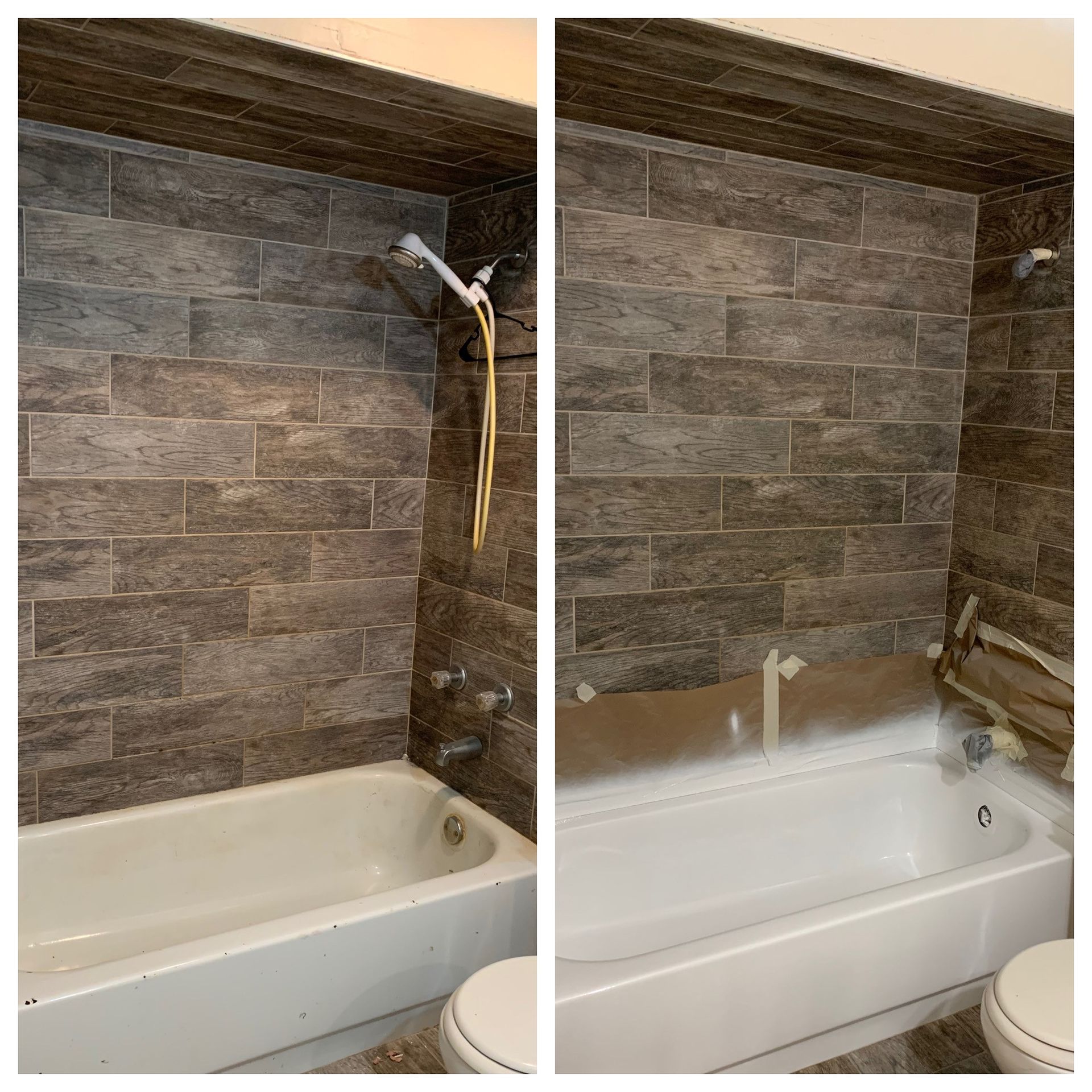 Bathroom tub with stone-look tile wall, showing before-and-after shower fixture change and water running into the tub