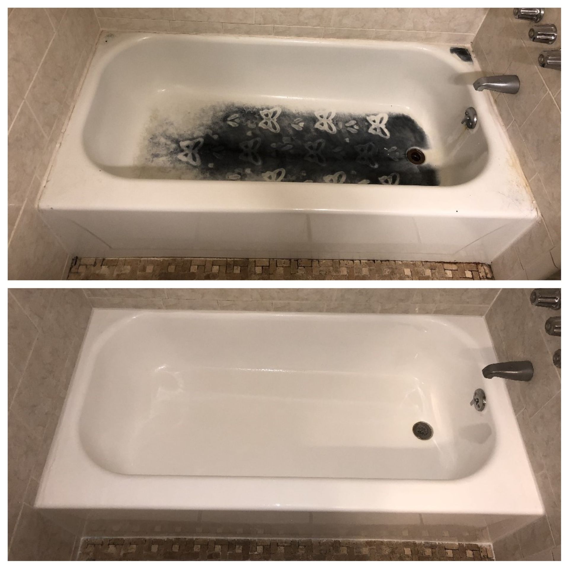 Before-and-after view of a bathtub being cleaned: dirty water in top, clean white tub in bottom.