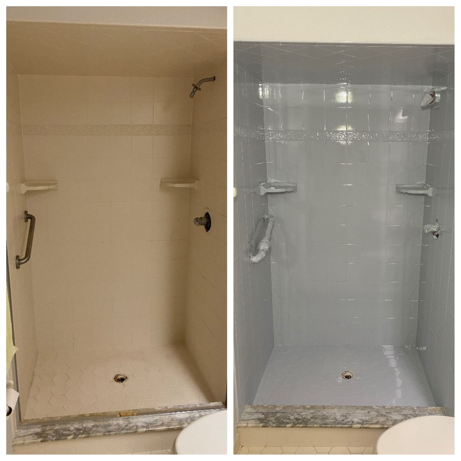 Side-by-side before-and-after shower stall: beige unfinished left, glossy gray tiled right.