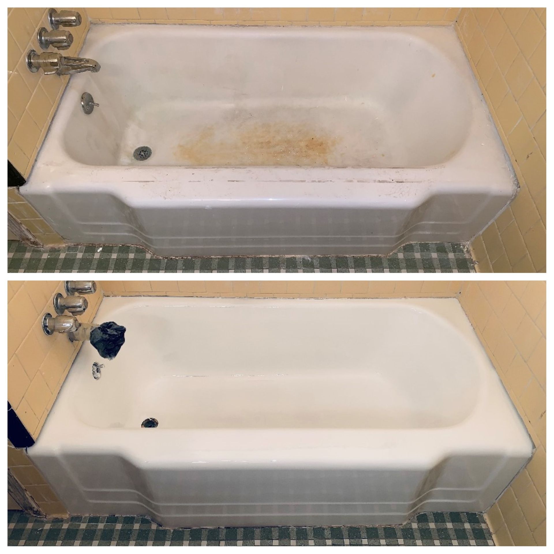 Before-and-after of a bathtub cleaned, with grime removed from the tub surface.
