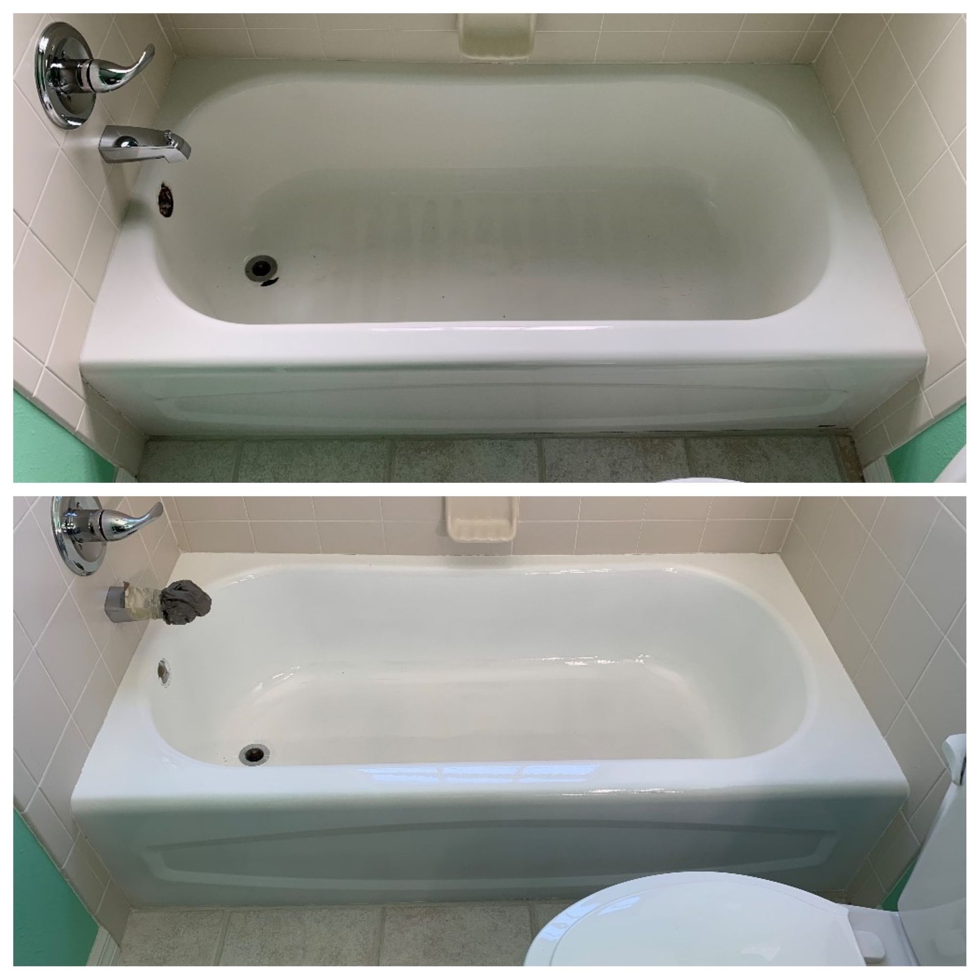 Two views of a white bathtub with chrome faucet in a tiled bathroom, showing before and after cleaning