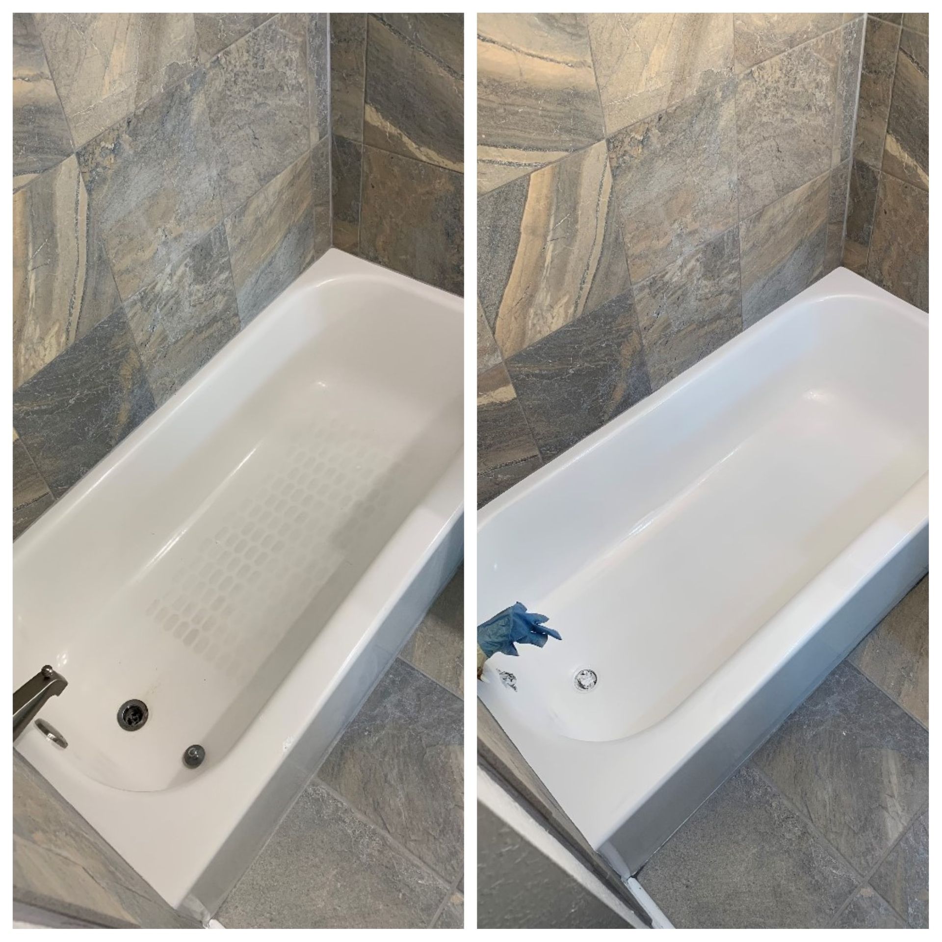 Before-and-after of a bathtub cleaning: dirty tub on left, clean white tub on right.