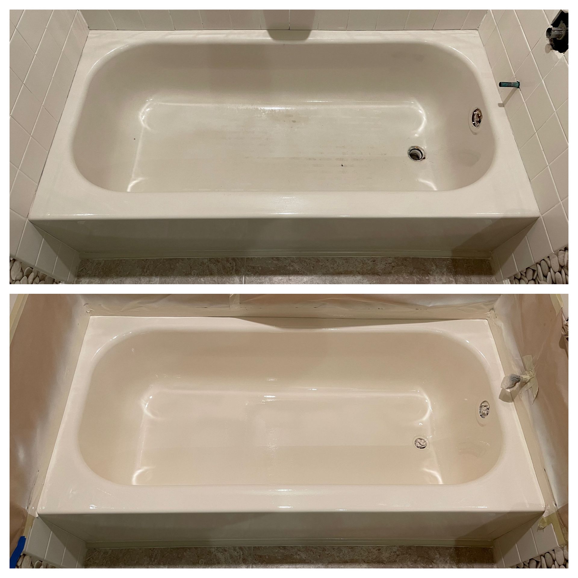 Two views of a white bathtub before and after cleaning, with a drain and faucet on the right.