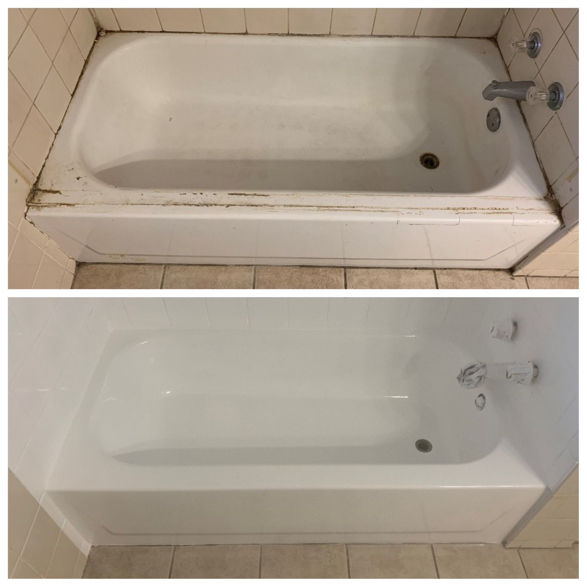 Dirty bathtub before and clean white bathtub after, shown side by side.