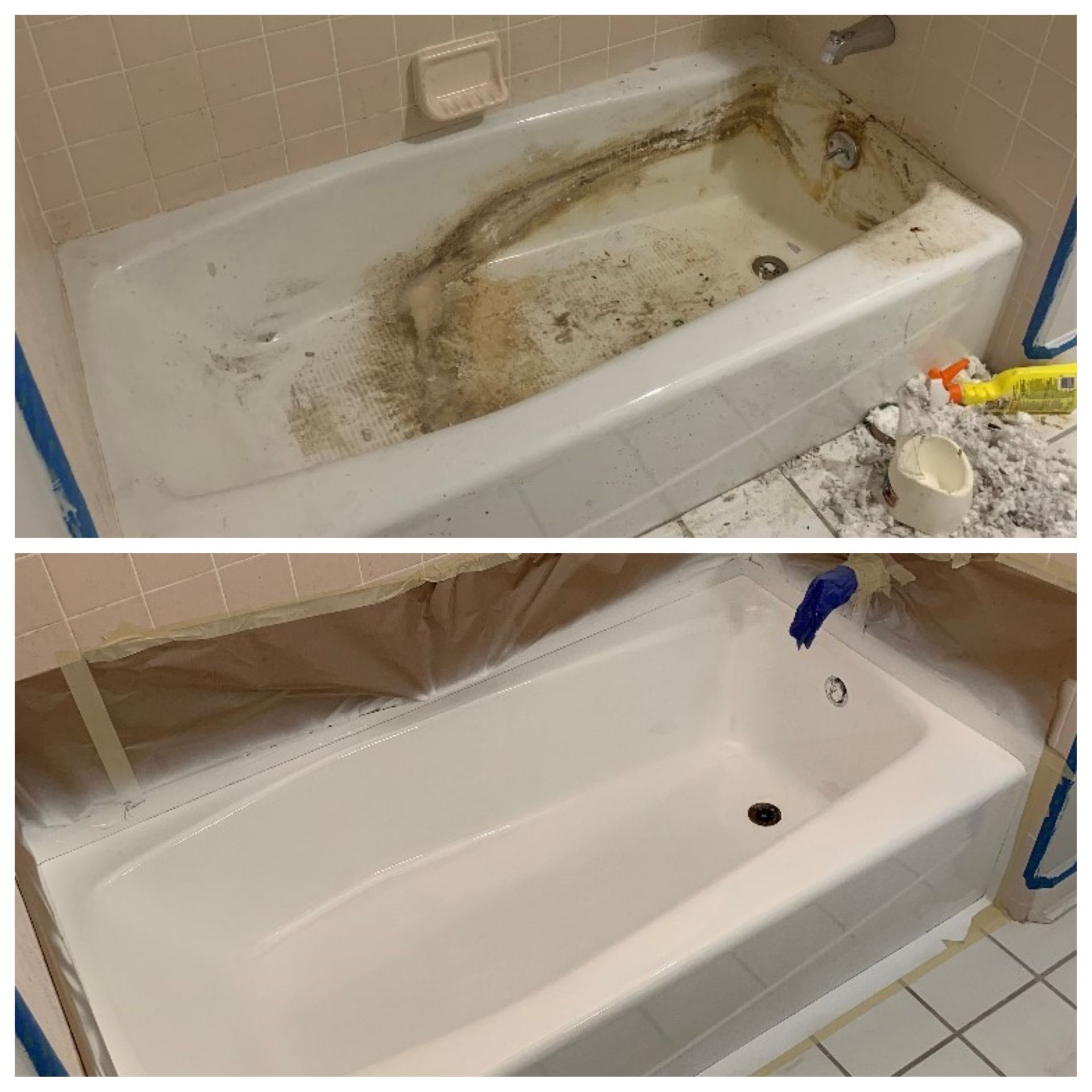 Dirty bathtub before and after cleaning, with grime removed and tub restored to white.