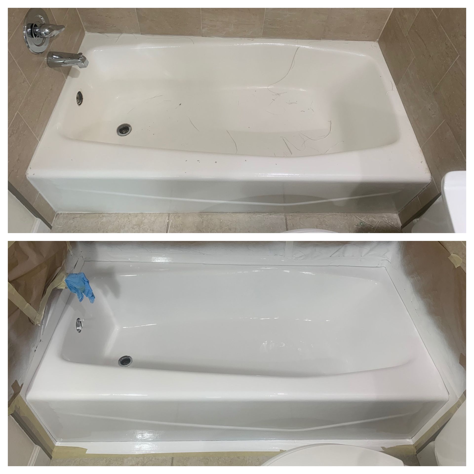 Before-and-after view of a white bathtub, showing it cleaned and restored in a beige-tiled bathroom.