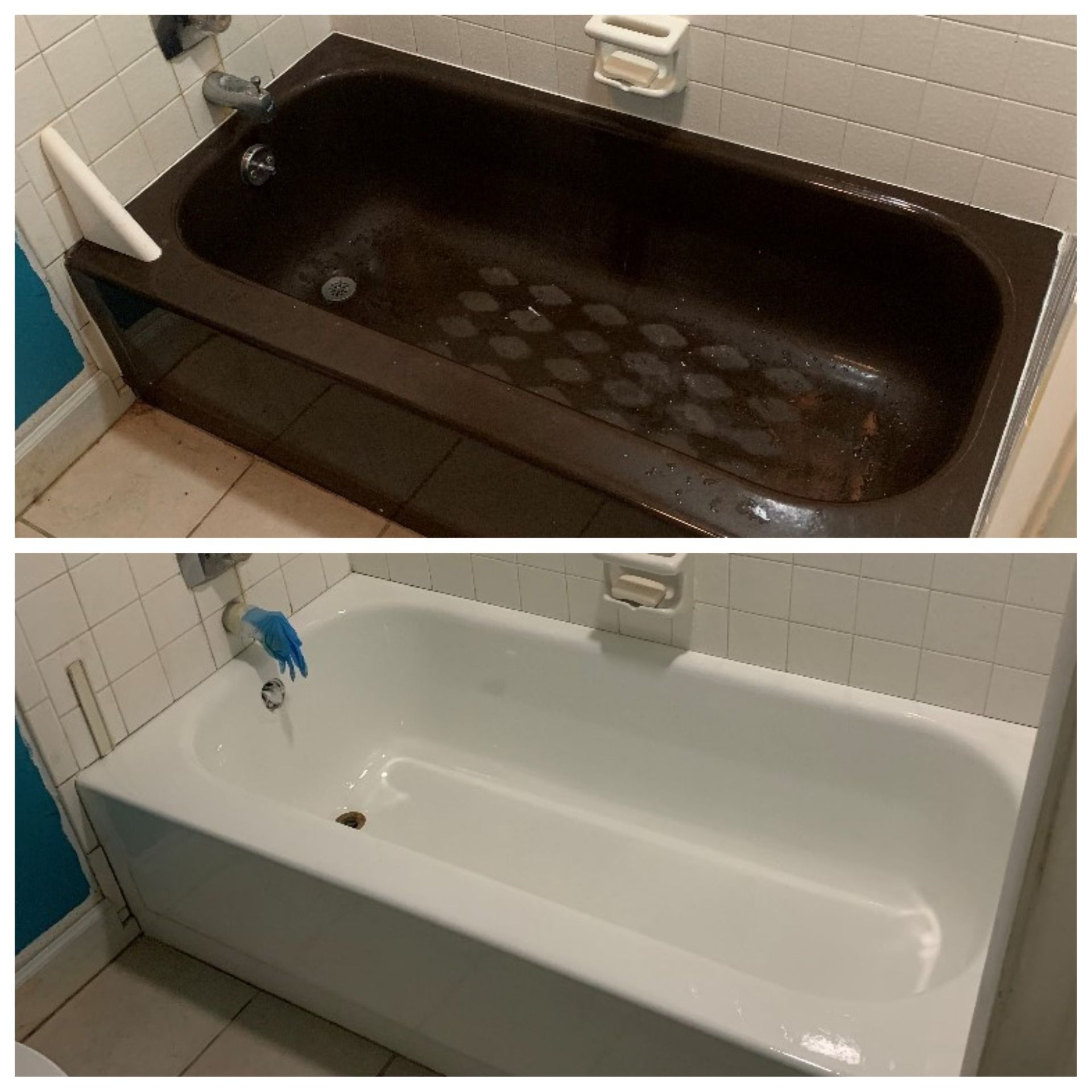 Before-and-after bathtub: top tub is dirty black, bottom tub is clean white.