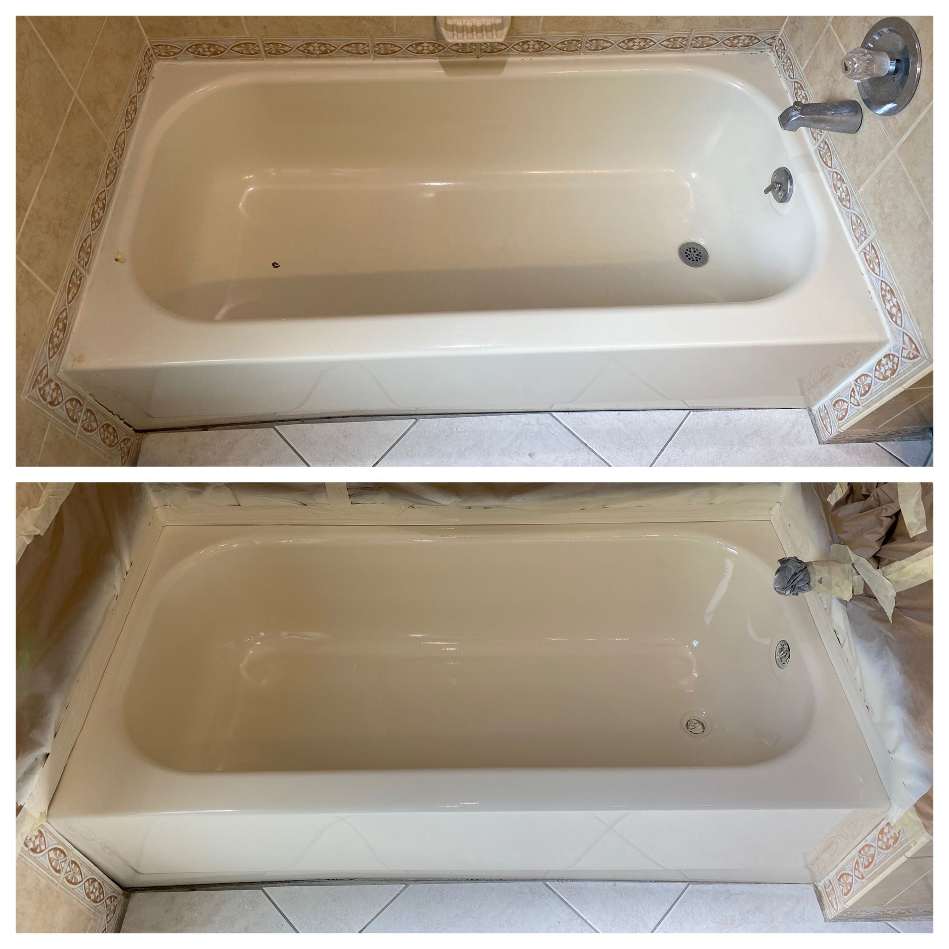 Before-and-after of a beige bathtub being cleaned, with visible water and soap residue removed.
