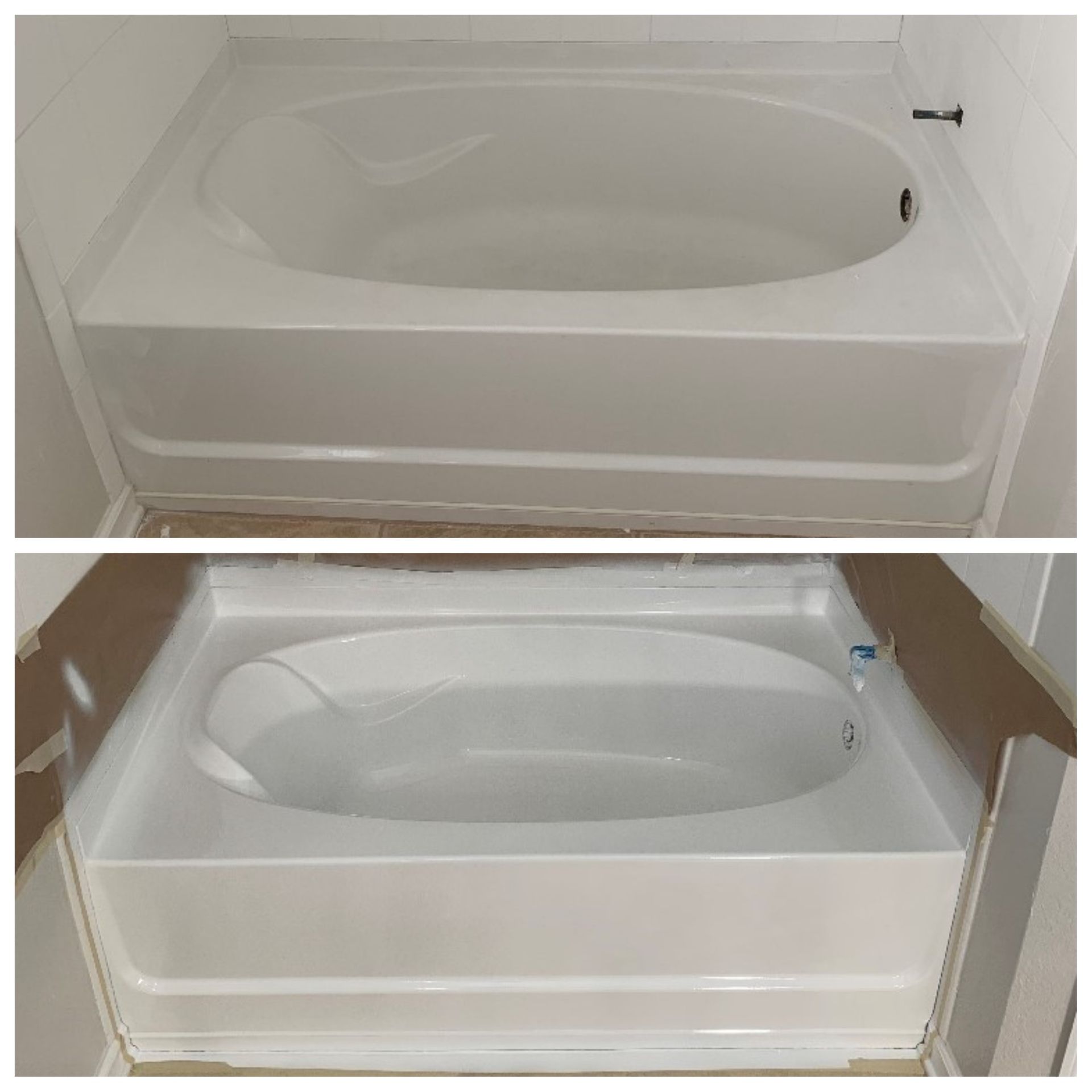 Bathroom tub shown in two views, white surround and oval basin, one with cabinet doors open below