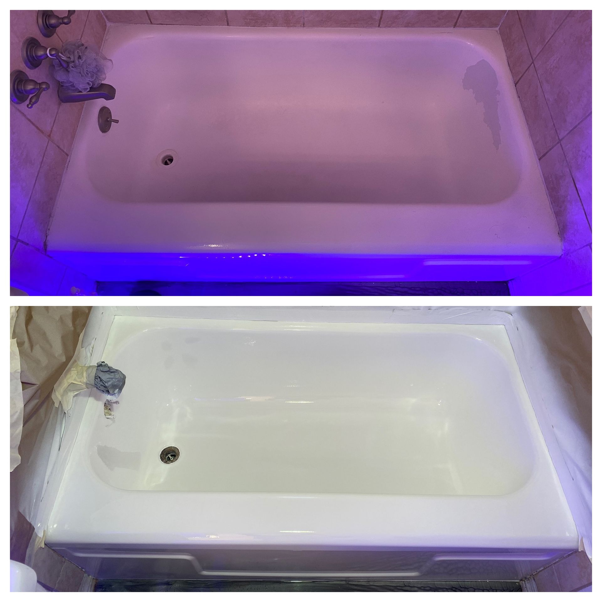 Two views of a white bathtub, one under purple light and one in normal lighting.