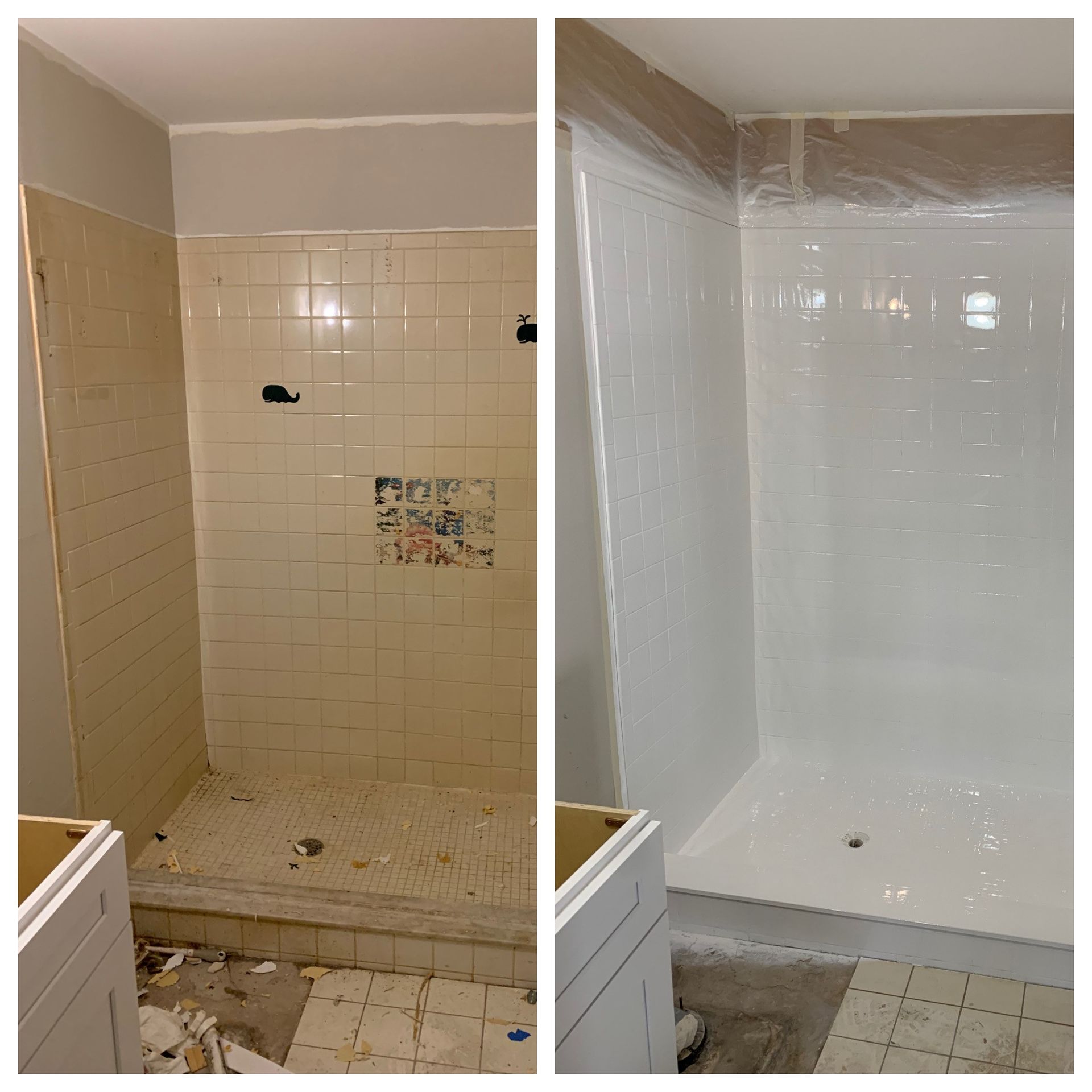 Before-and-after bathroom shower renovation: dirty tan tile on left, clean white tile on right.