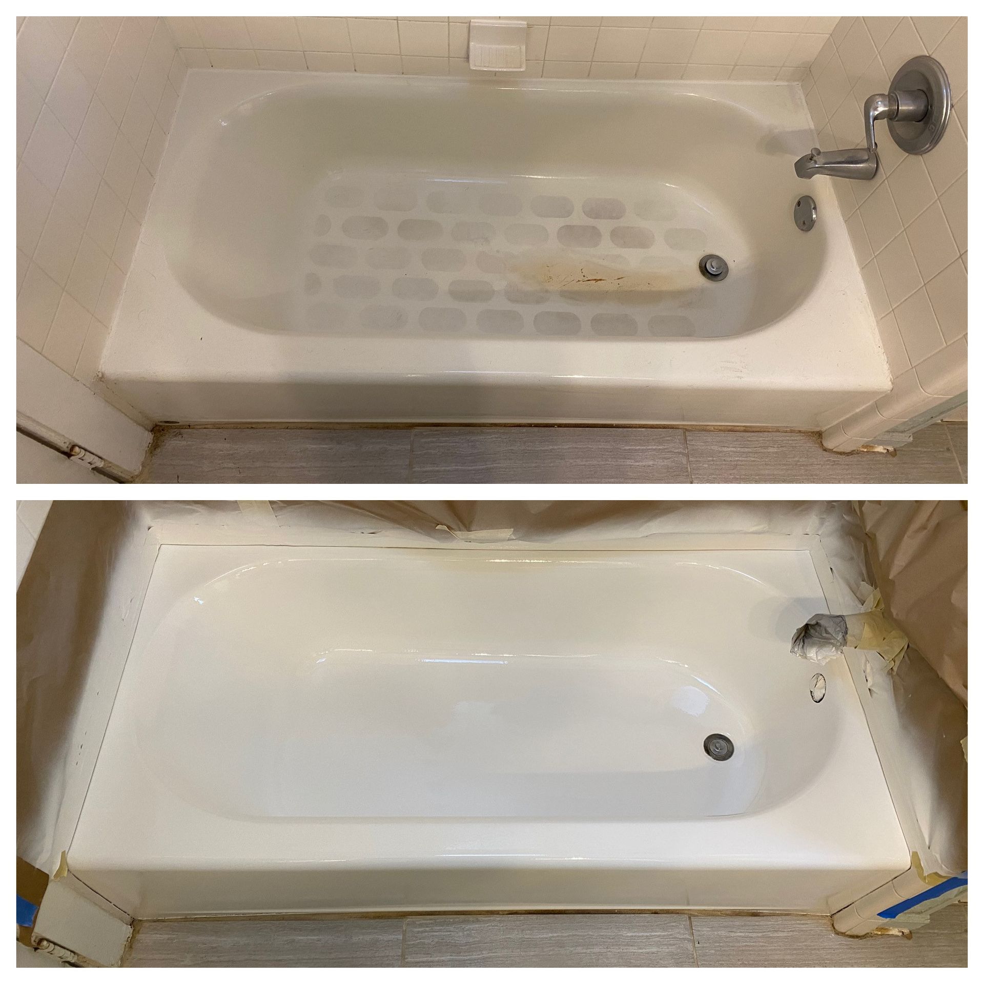 Before-and-after of a bathtub cleaning, showing a dirty tub and a clean white tub.