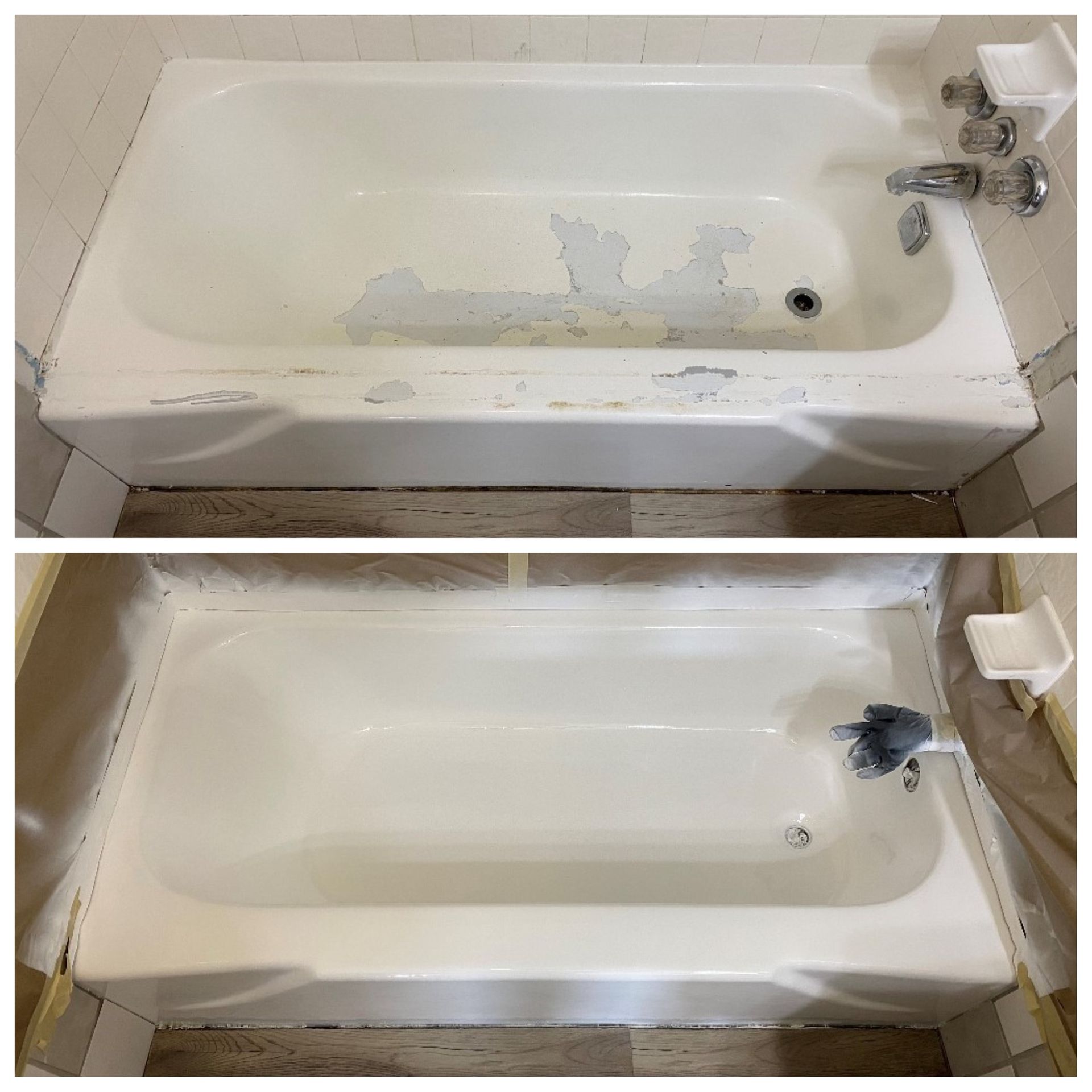 Before-and-after photo of a white bathtub being repaired and refinished, with peeling paint removed.