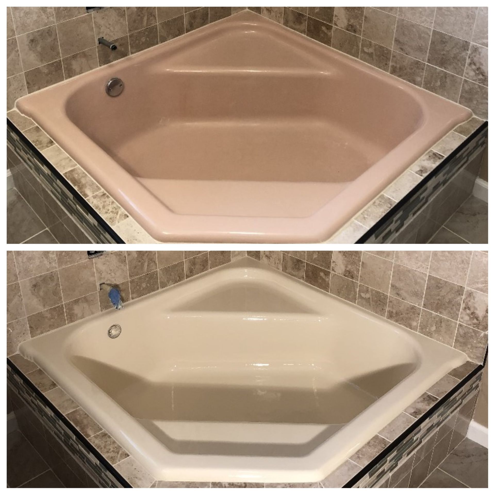 Before-and-after view of a beige corner bathtub or shower insert in a tiled bathroom.