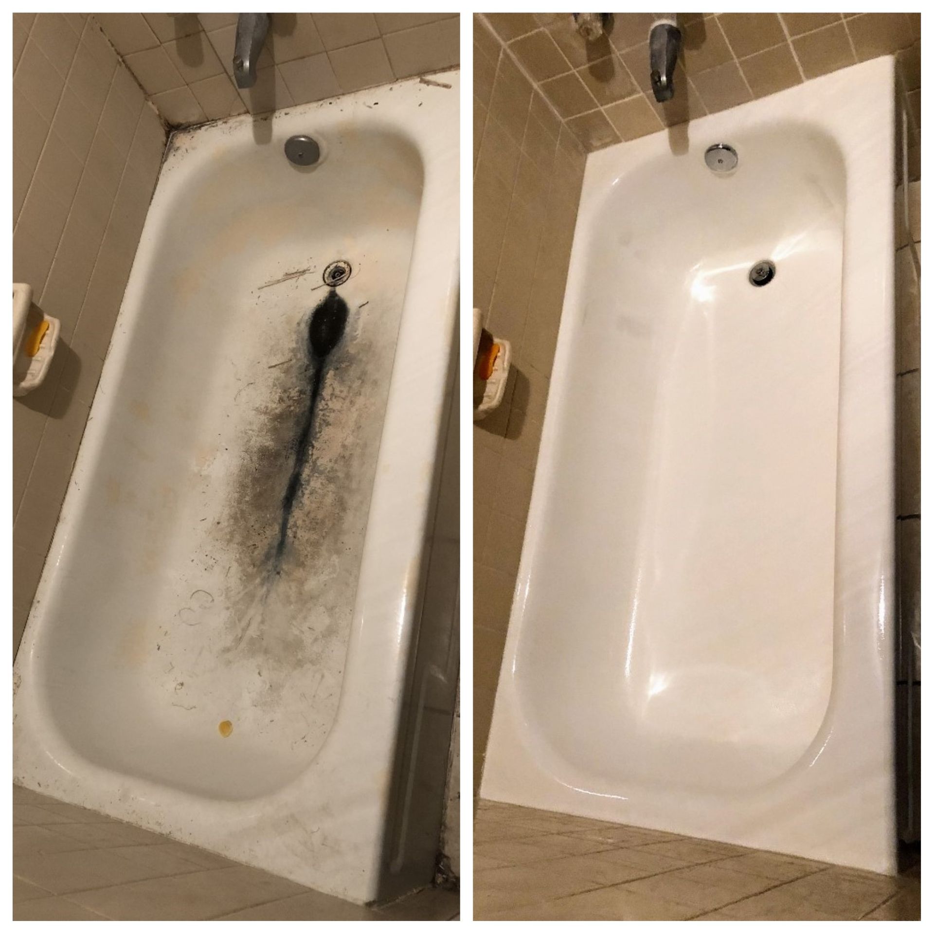 Before-and-after bathtub: one stained black, the other clean and white.