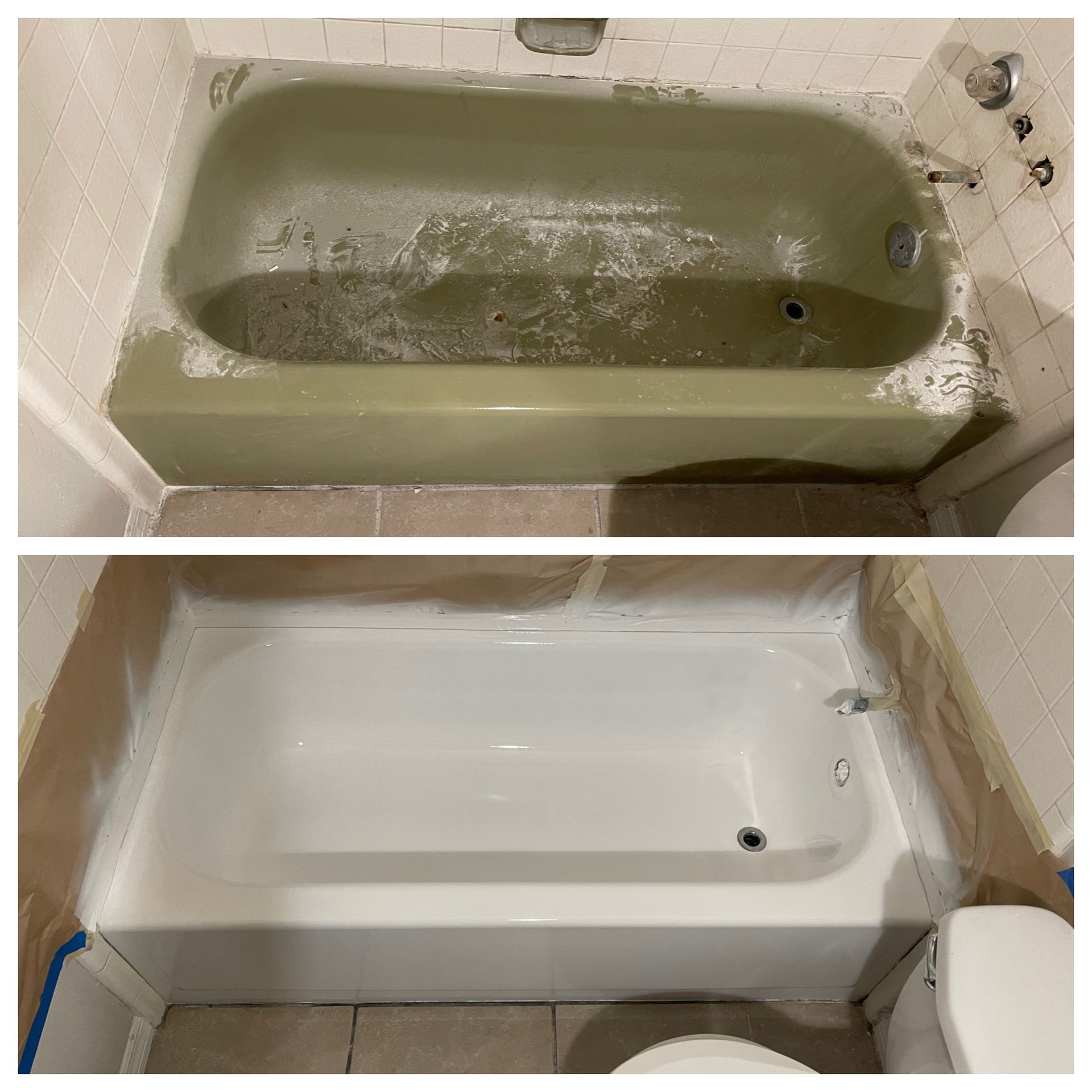 Before-and-after of a bathtub being cleaned, showing a dirty green tub above and a clean white tub below.