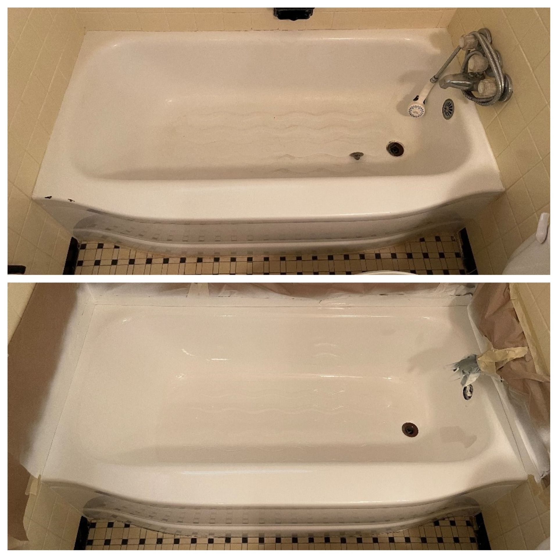 Before-and-after view of a white bathtub being refinished, with old and new finish shown side by side.