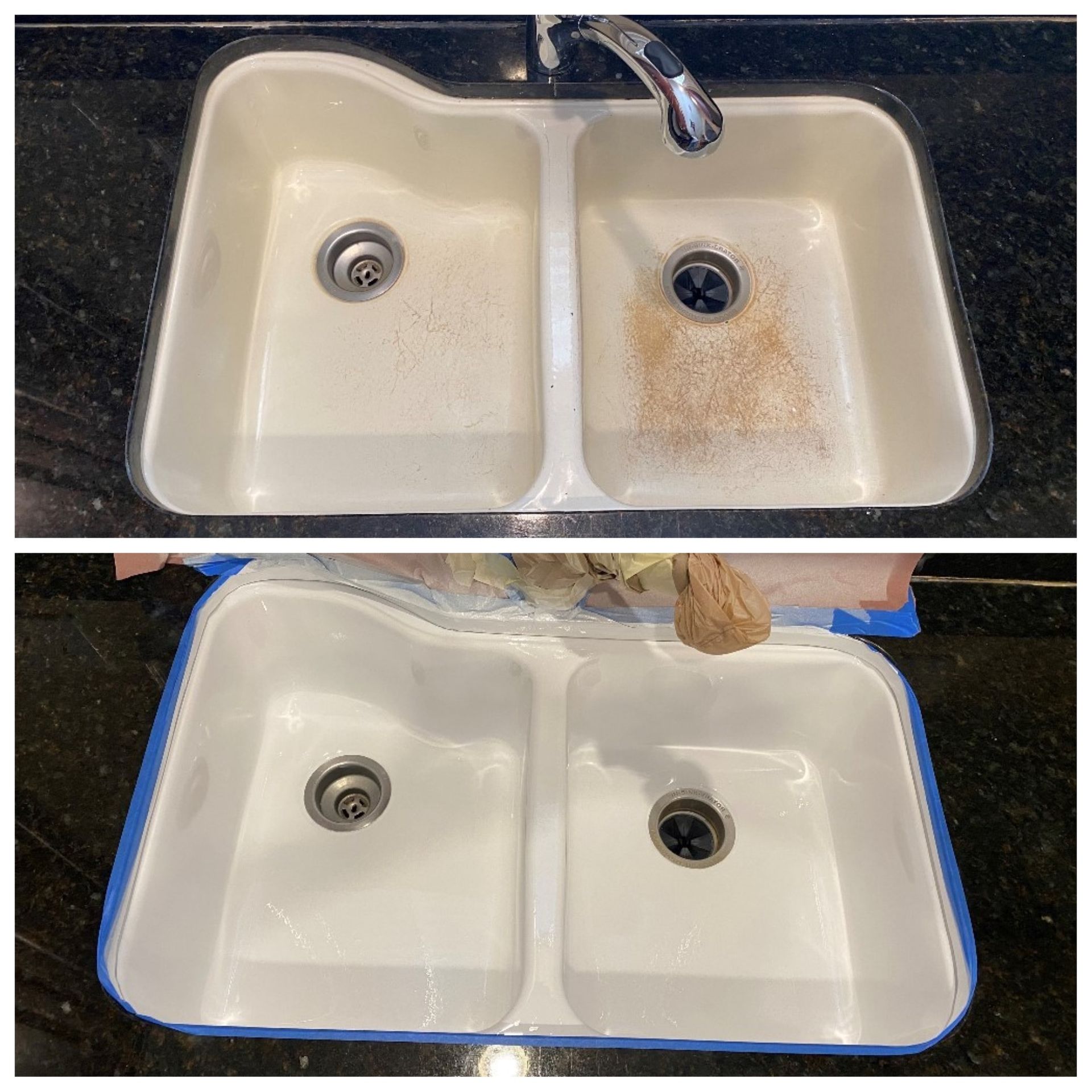 Before-and-after kitchen sink: stained beige double sink with dirty right basin, then cleaned with blue tape edge.
