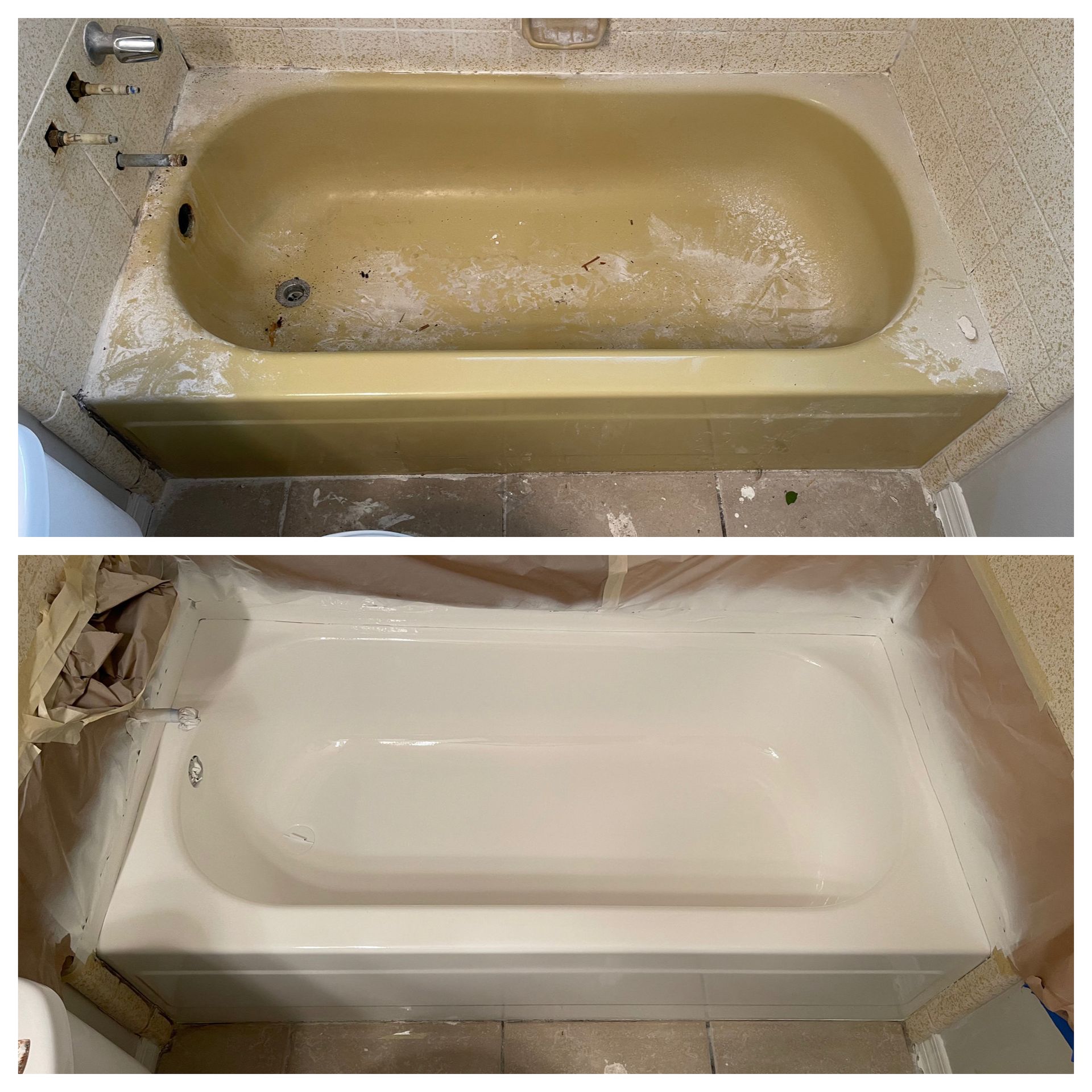 Before-and-after of a bathtub refinishing: dirty beige tub above, cleaned white tub below.