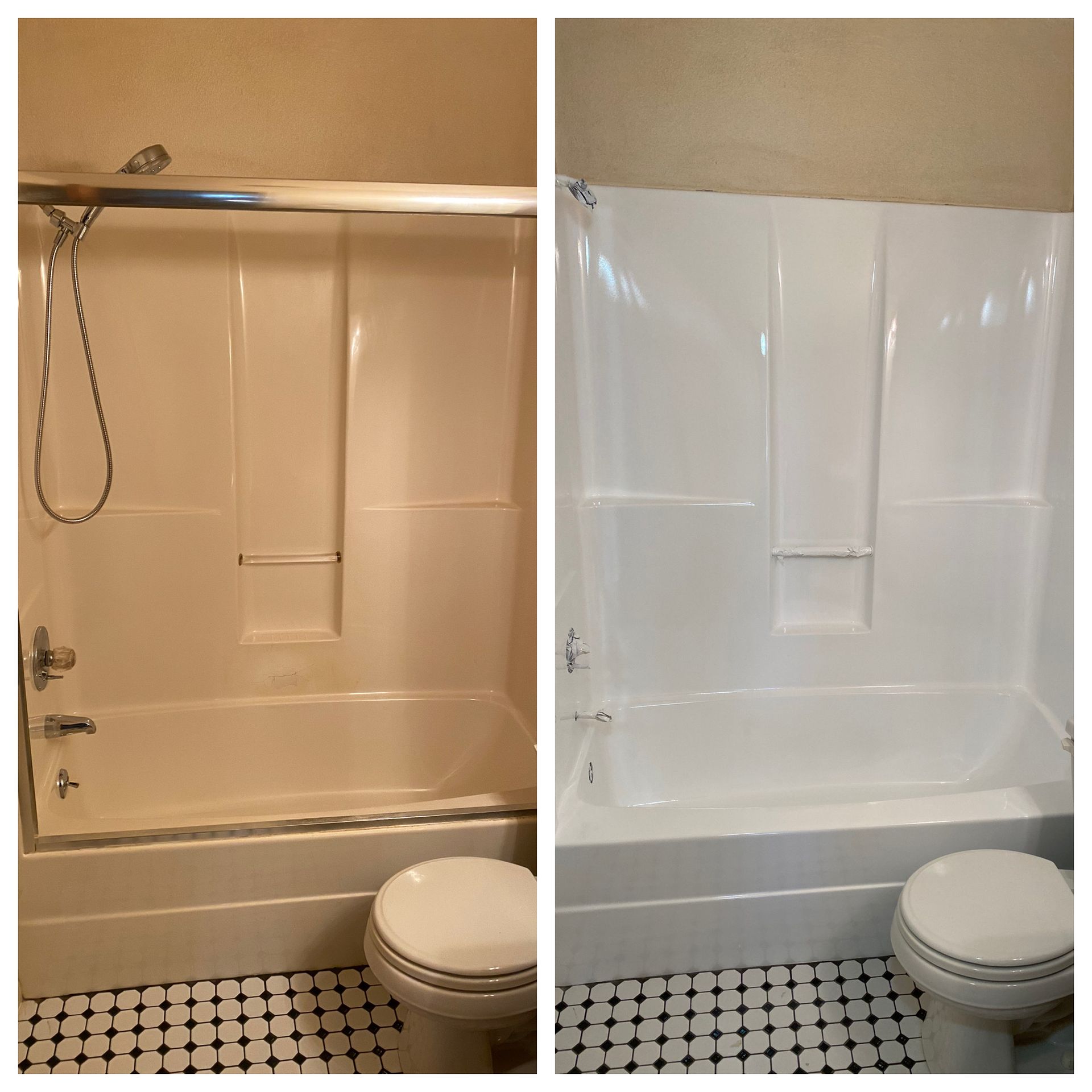 Before-and-after bathroom shower update: tan tub and beige walls changed to white tub surround and wall.
