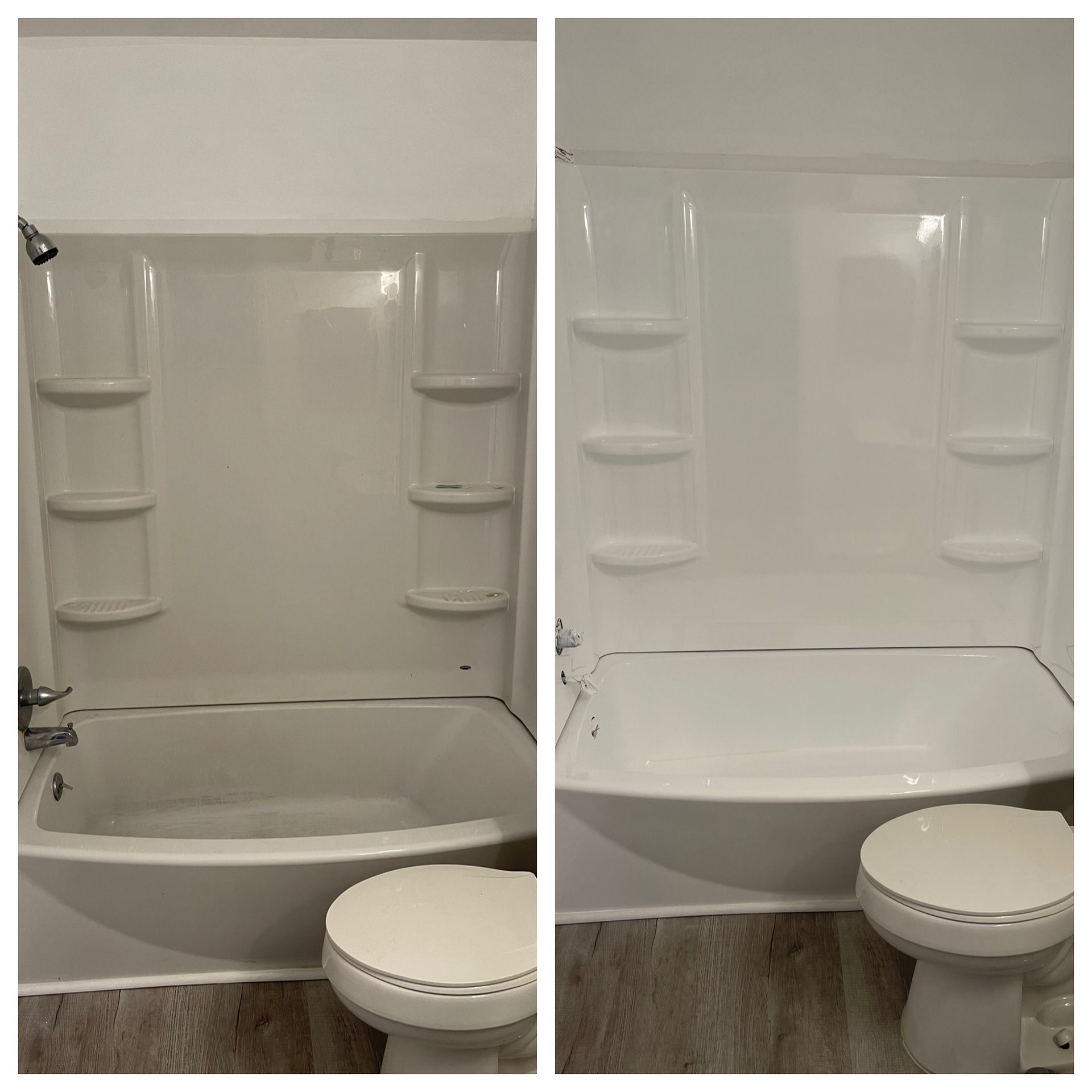 Before-and-after view of a bathroom bathtub with white tub surround and shelves, showing a cleaner renovated look.