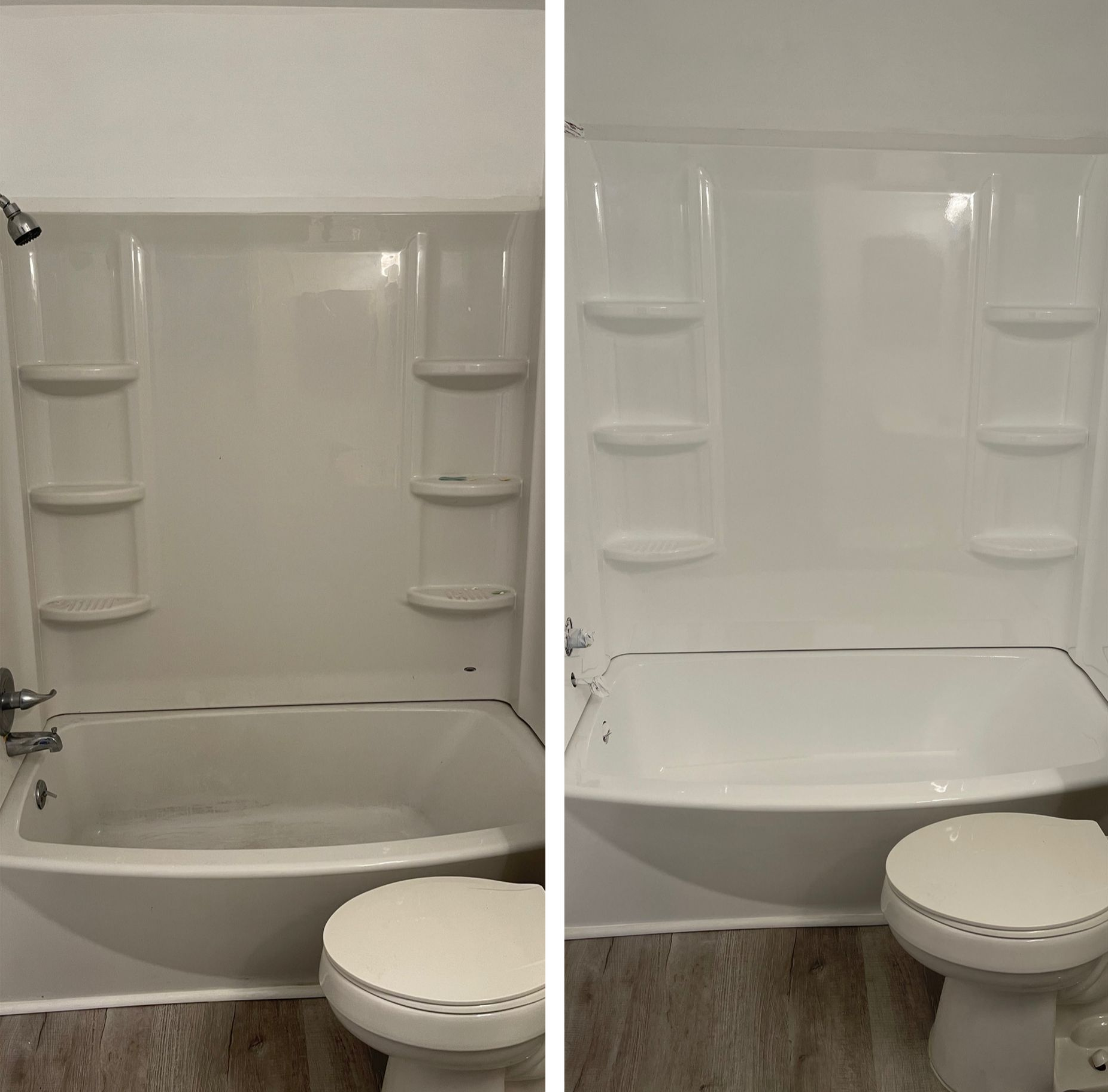 Before-and-after view of a small bathroom shower-tub area, showing a bathtub with built-in shelving and a toilet.