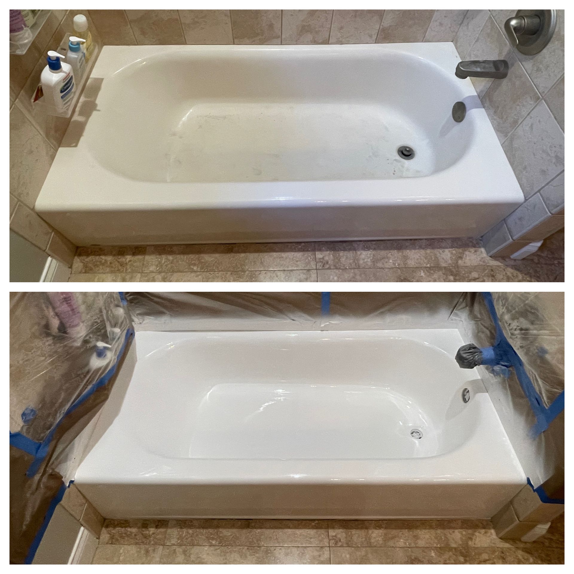 Before-and-after view of a white bathtub being refinished in a bathroom, with surrounding surfaces masked off.