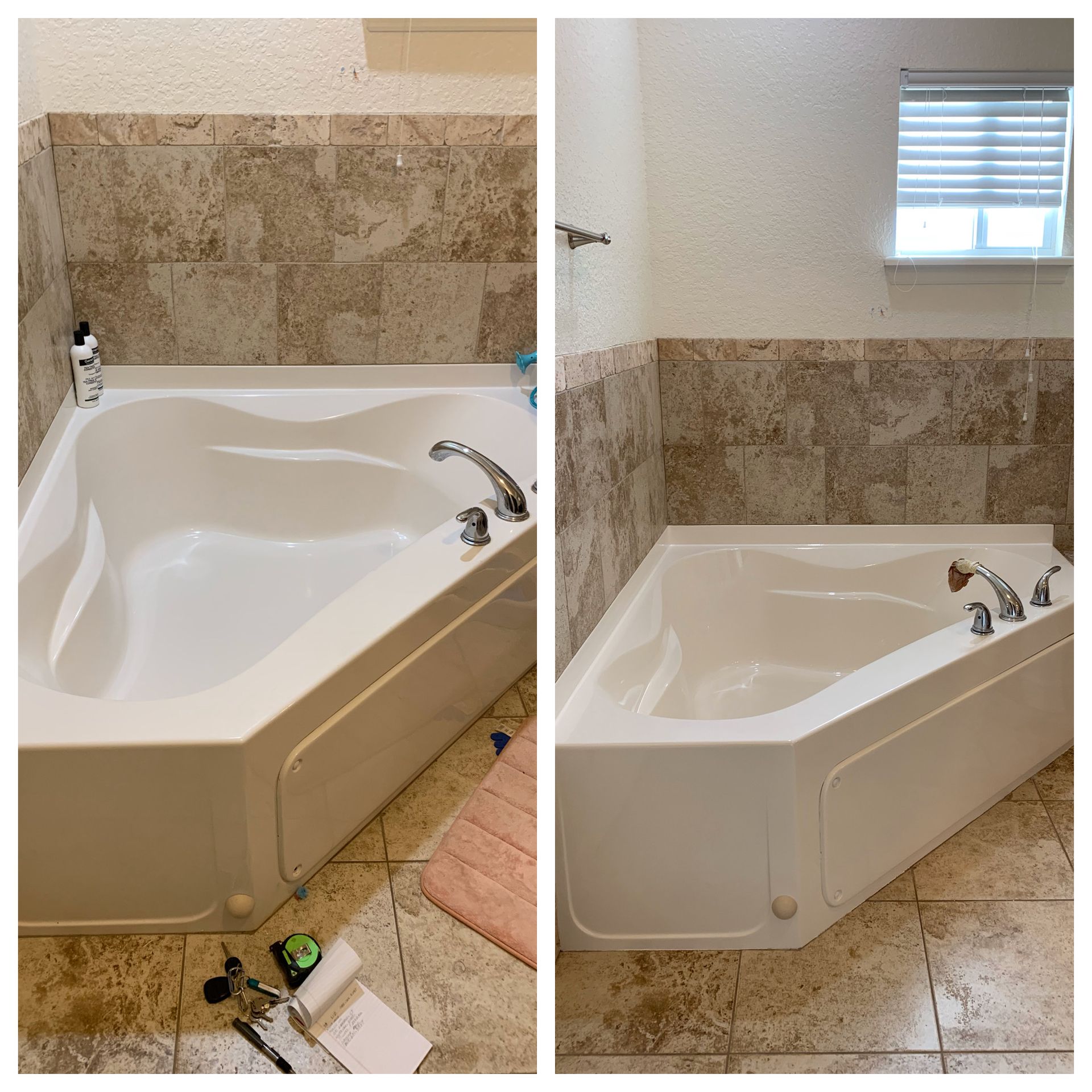 Before-and-after bathroom photos showing a corner bathtub and tiled surround after renovation.