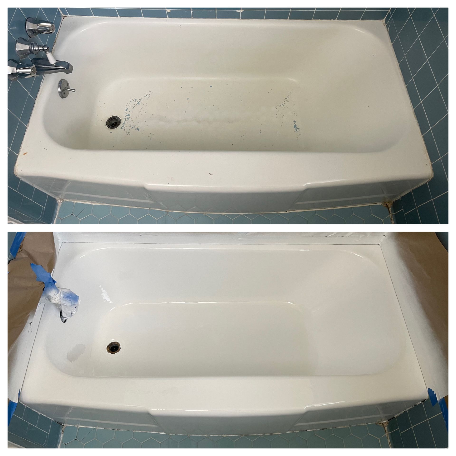 Before-and-after photo of a white bathtub being cleaned with a spray bottle and sponge.