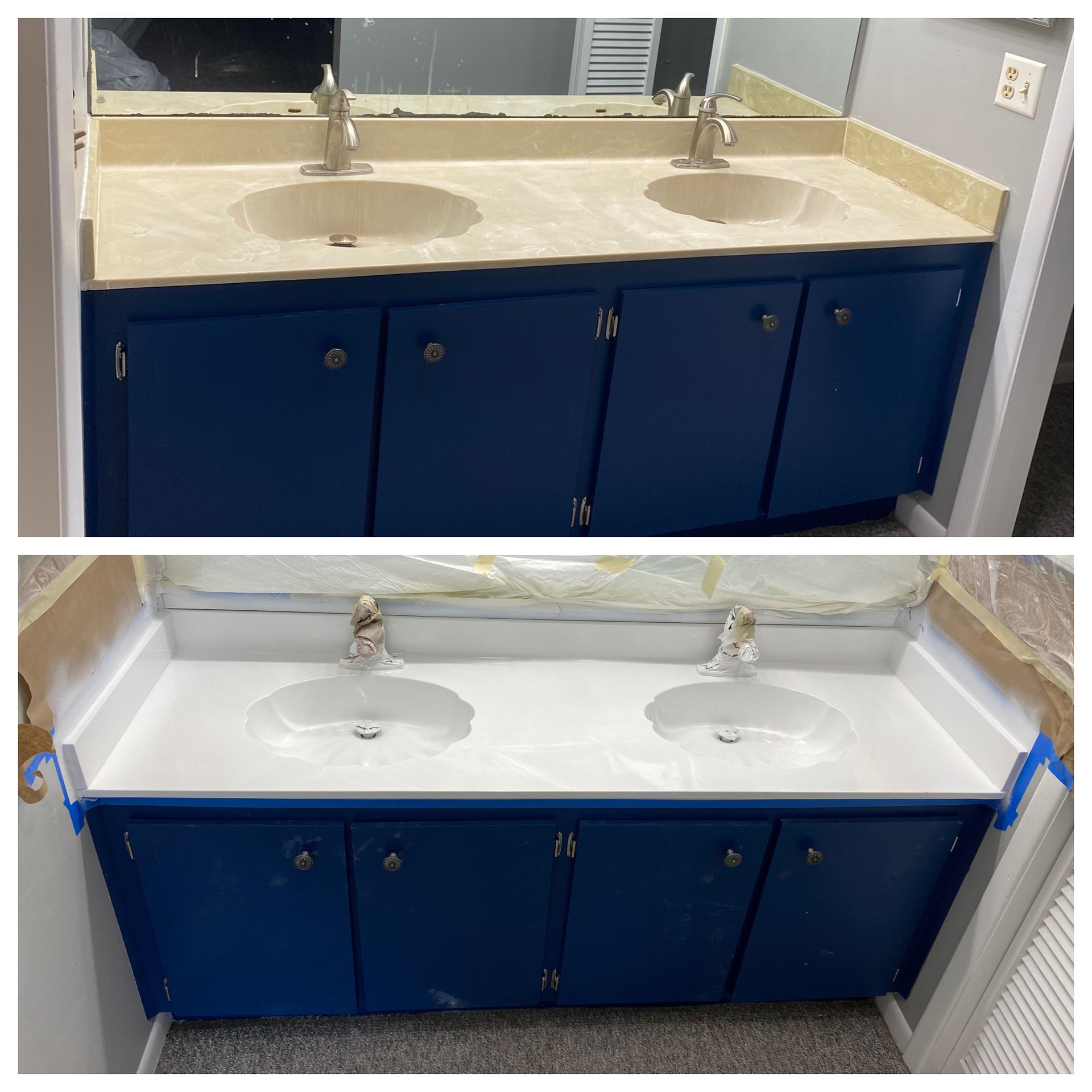 Bathroom double sink vanity before-and-after: blue cabinets with white countertop in two views.