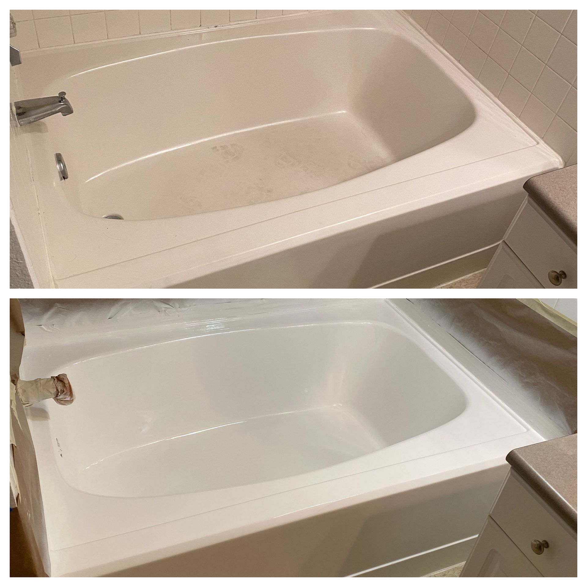 Before-and-after of a white bathtub being refinished from dull and stained to clean and glossy.