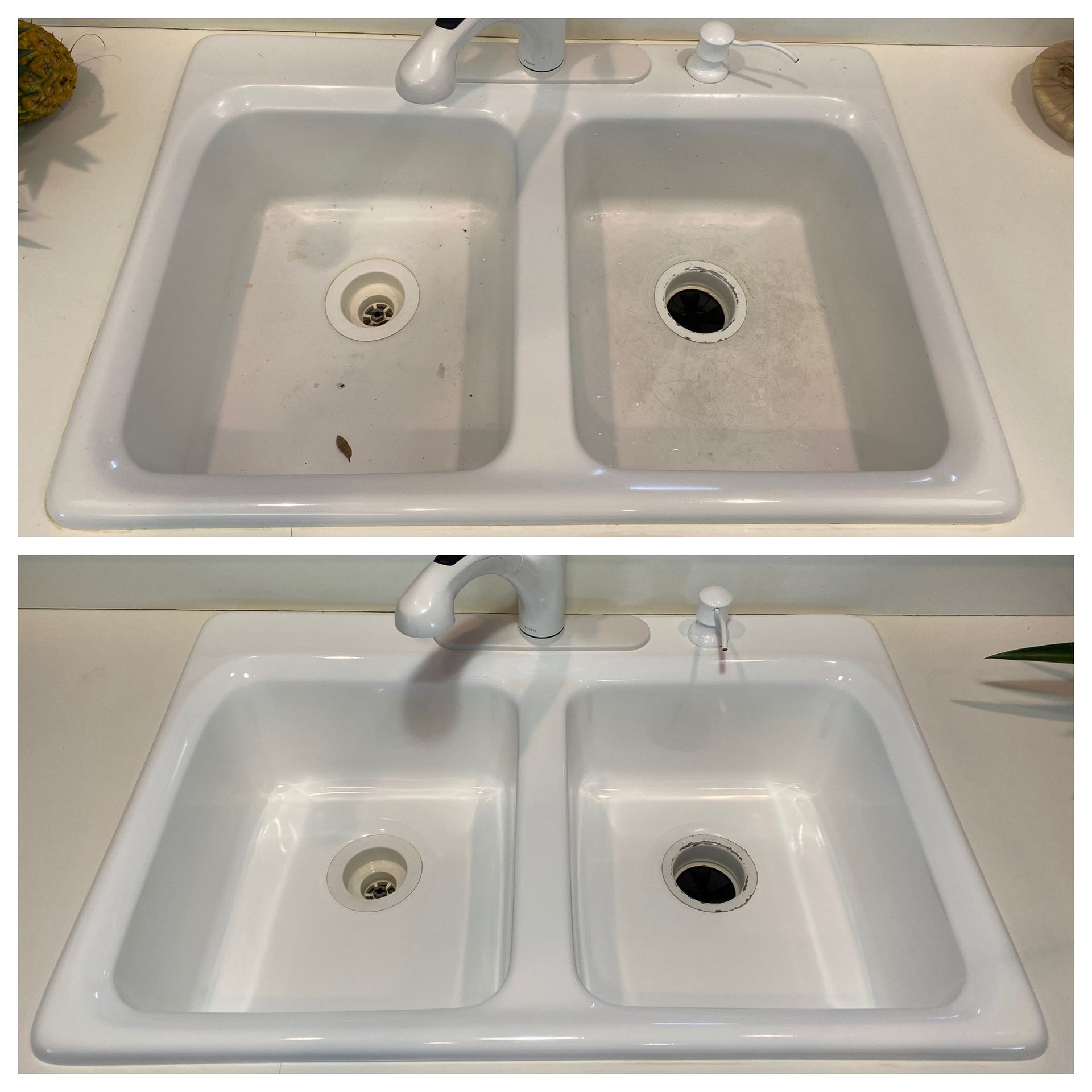 Before-and-after of a bathroom double sink with one drain cleaned and restored to white.