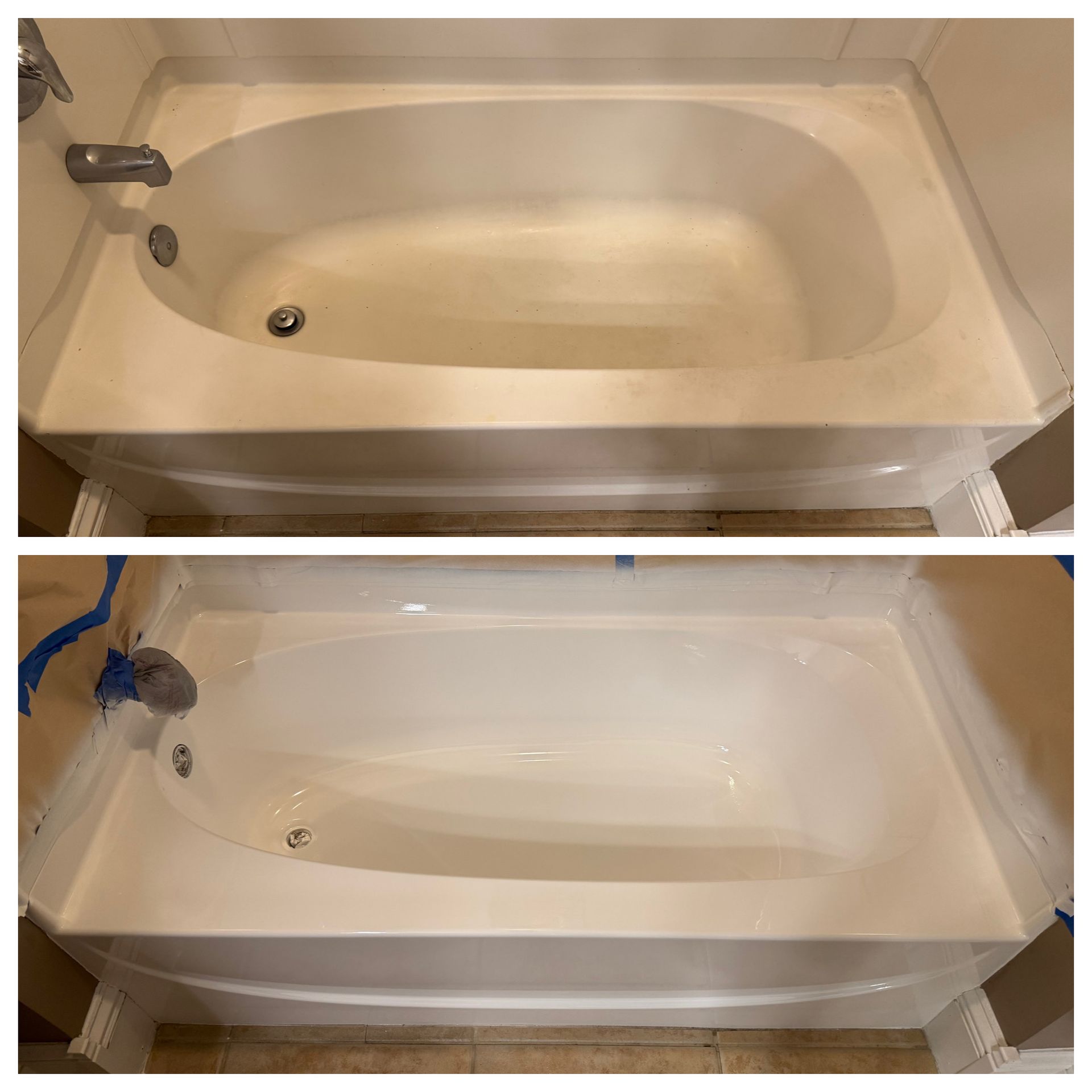Before-and-after photo of a white bathtub, showing dirty tub cleaned to a glossy finish.