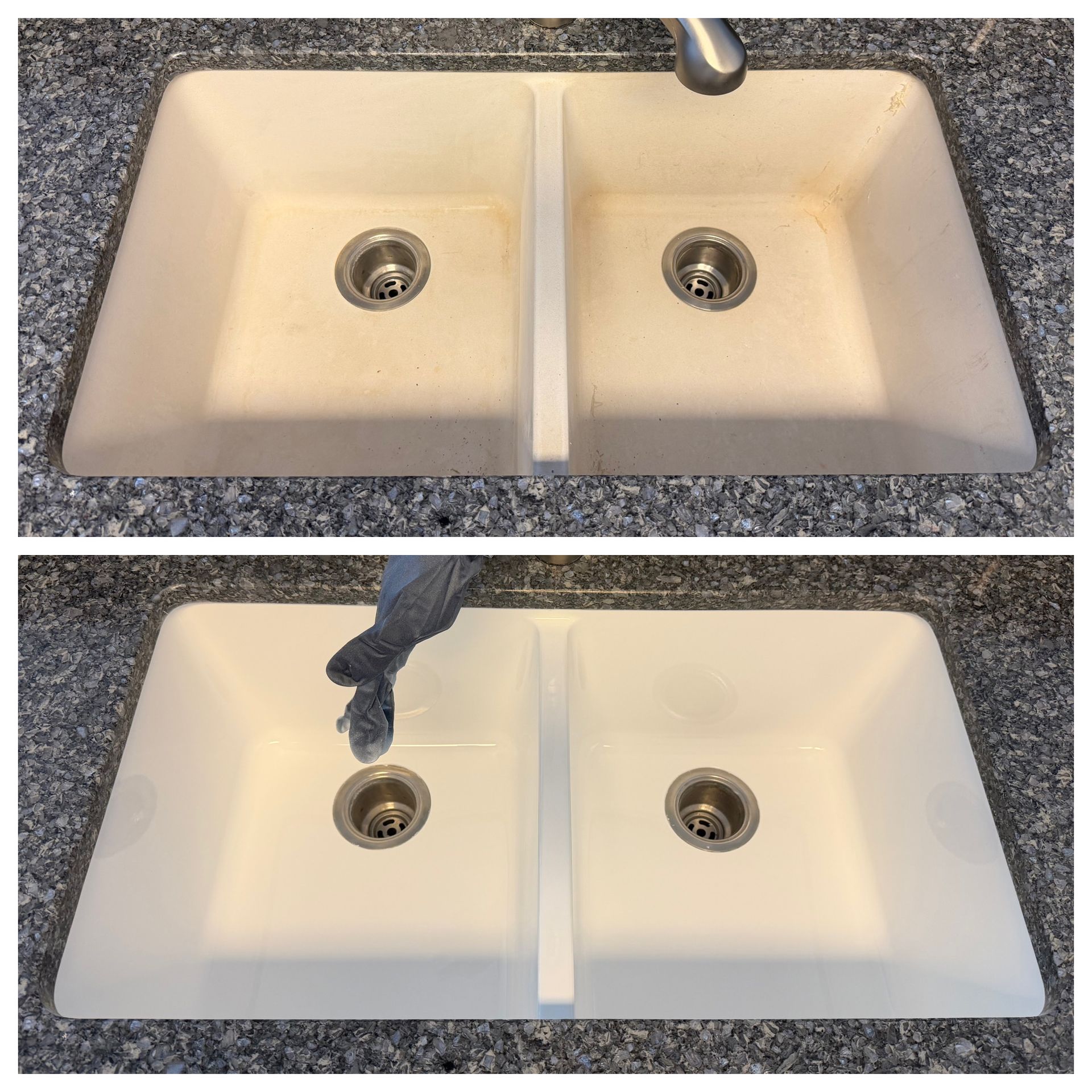 Two photos of a double beige sink, one showing a hand rinsing the left basin under the faucet.