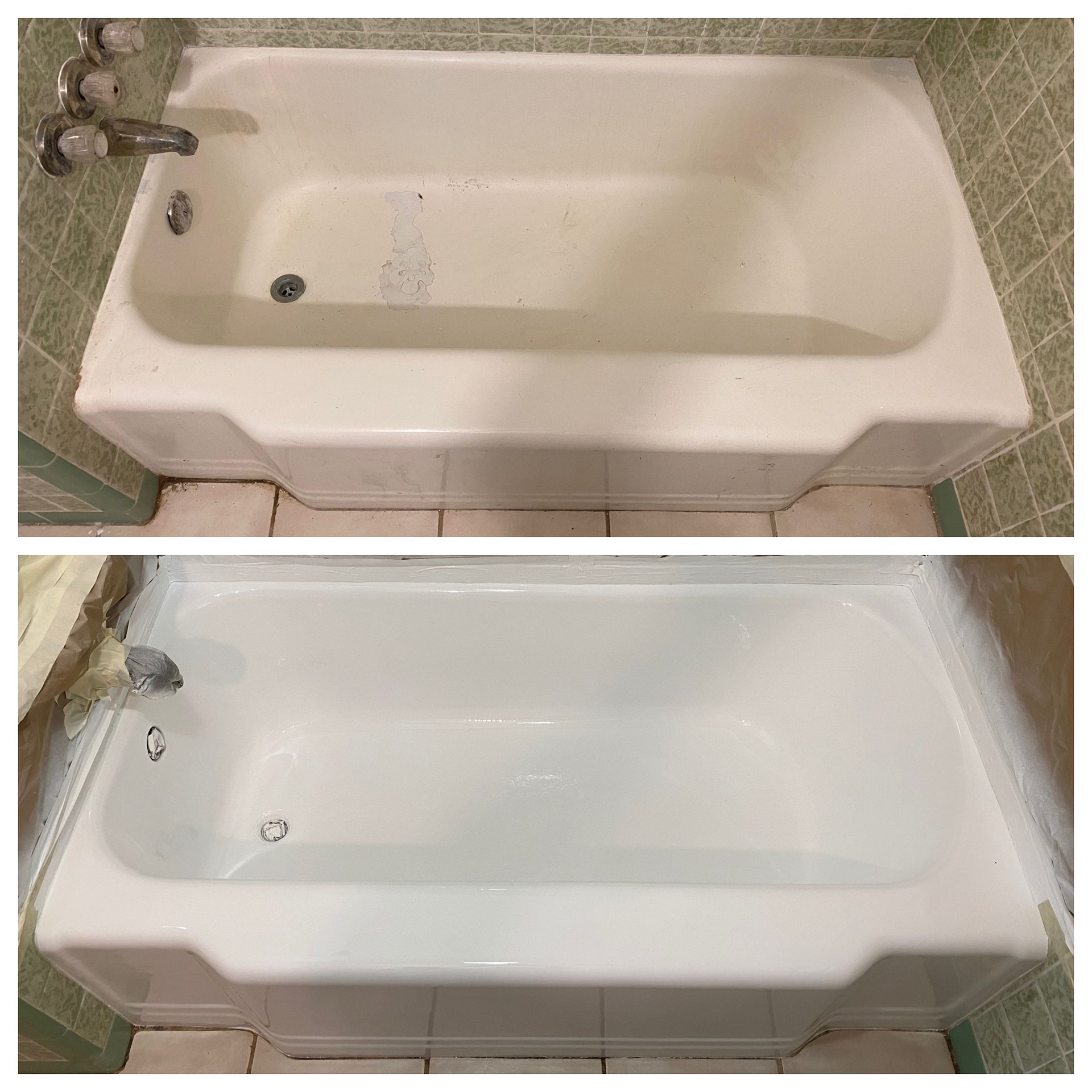 Side-by-side before-and-after photo of a white bathtub, one stained and one cleaned.
