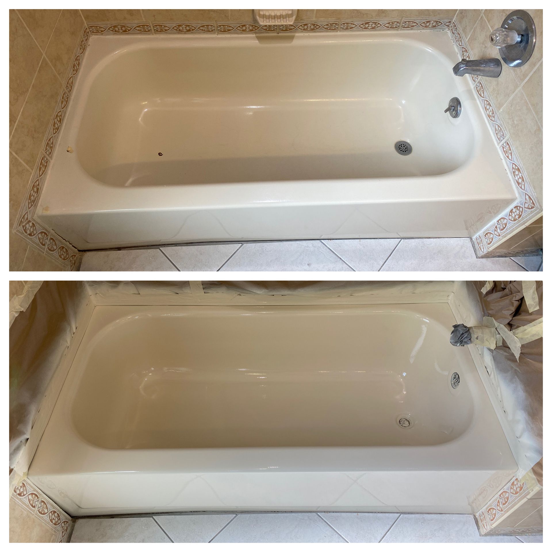 Before-and-after view of a beige bathtub being cleaned, with a chrome faucet and drain visible.