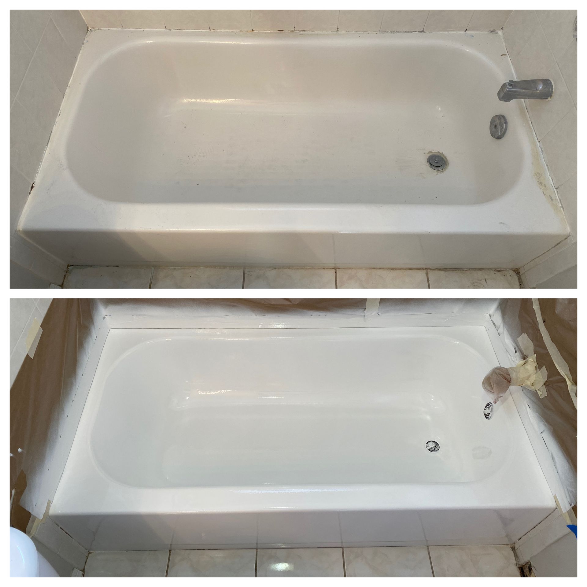Two views of a white bathtub with faucet and drain, showing minor stains and a cleaning brush in one view
