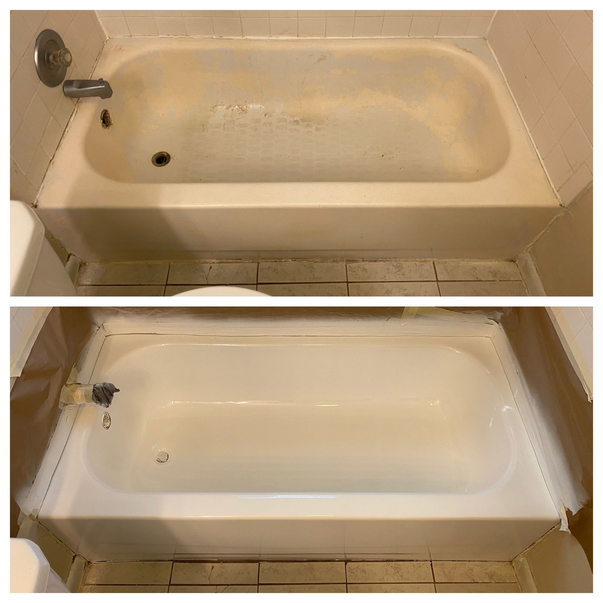 Before-and-after photo of a bathtub: stained tub on top, cleaned white tub on bottom.