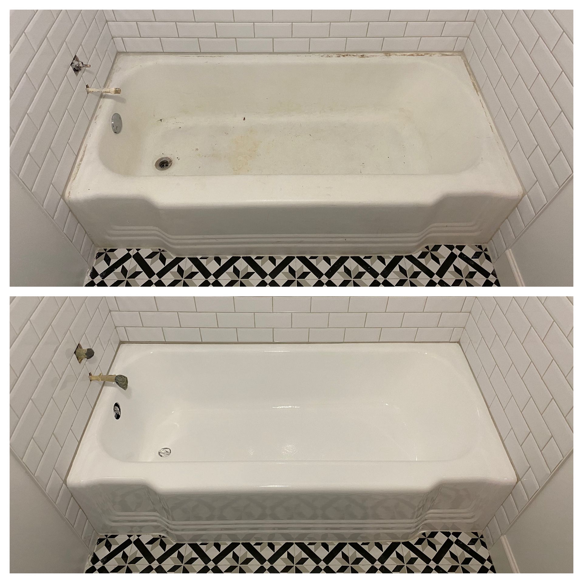 Before and after view of a white bathtub being cleaned, with a tiled shower wall and patterned floor.