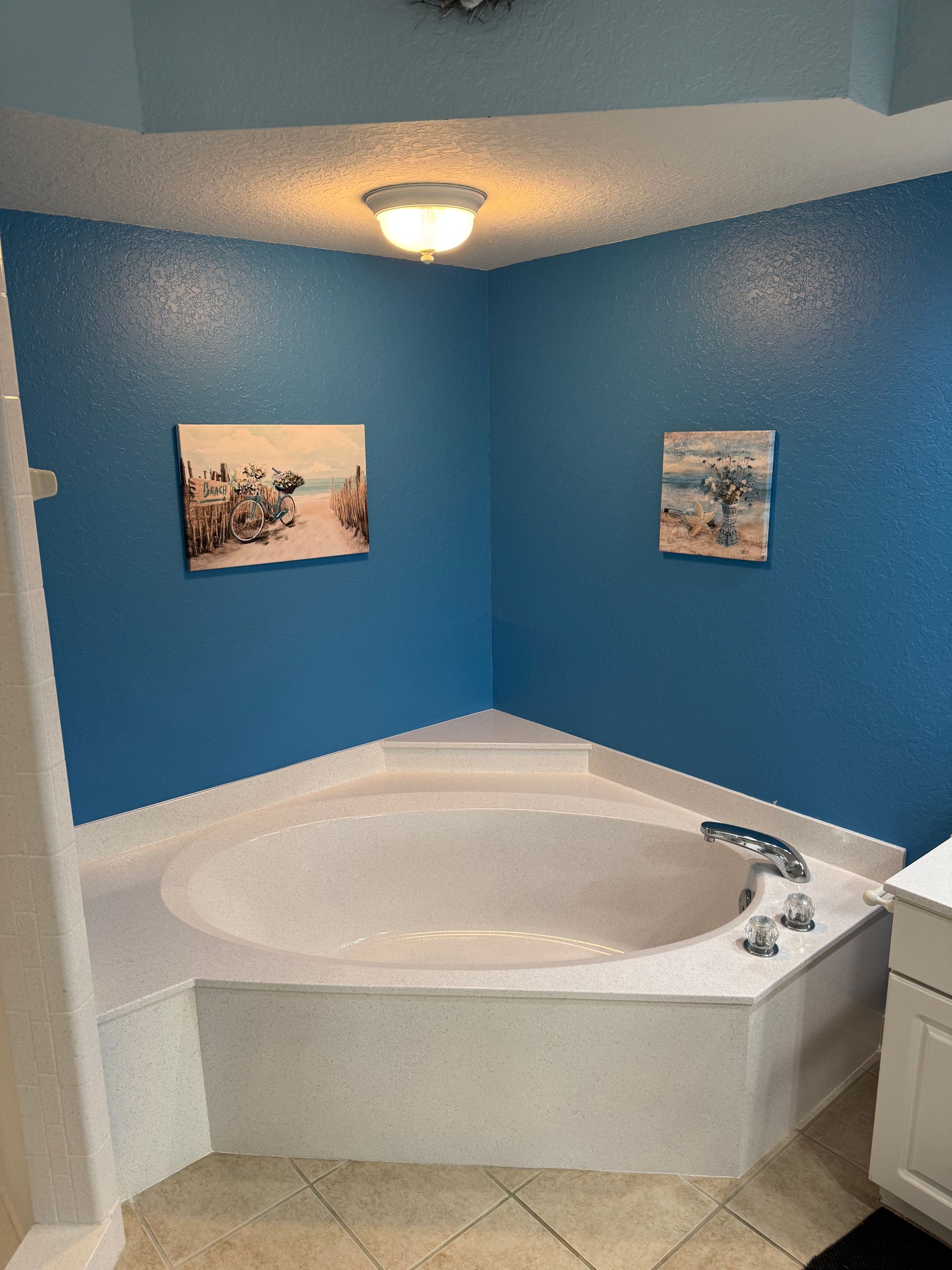 Bathroom with white corner tub, blue walls, and framed wall art under a ceiling light