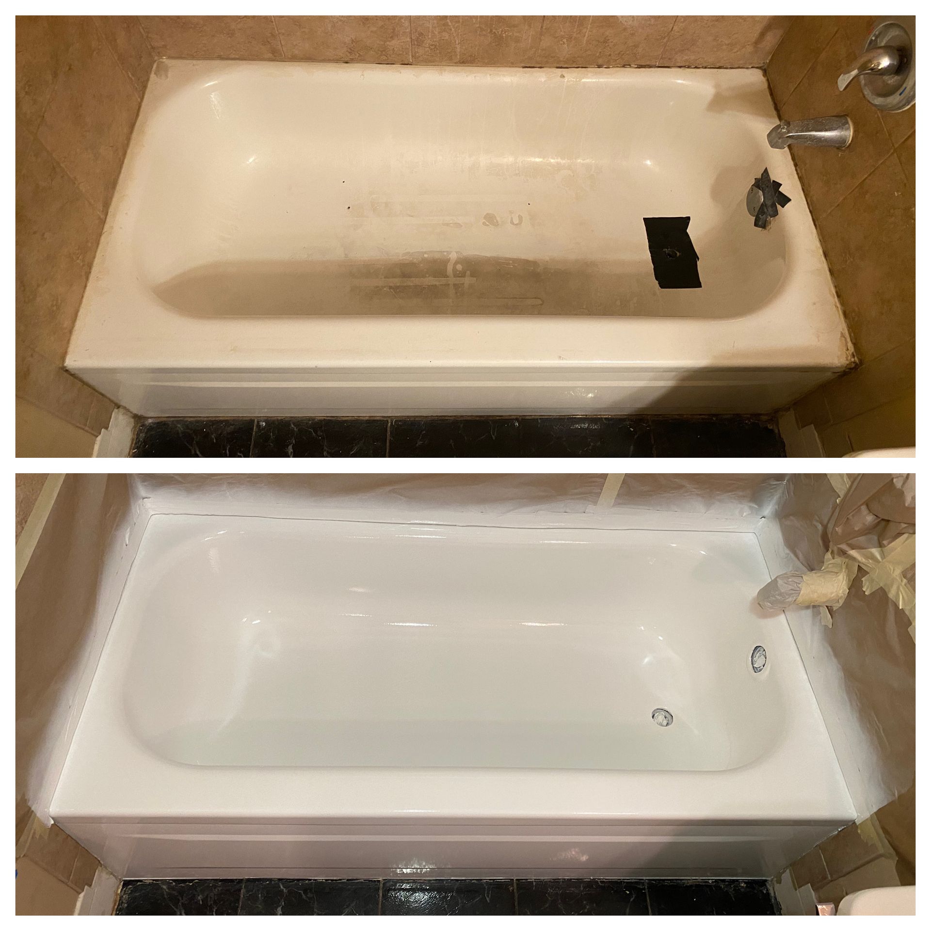 Before-and-after view of a refinished white bathtub with chrome faucet and fresh caulking.