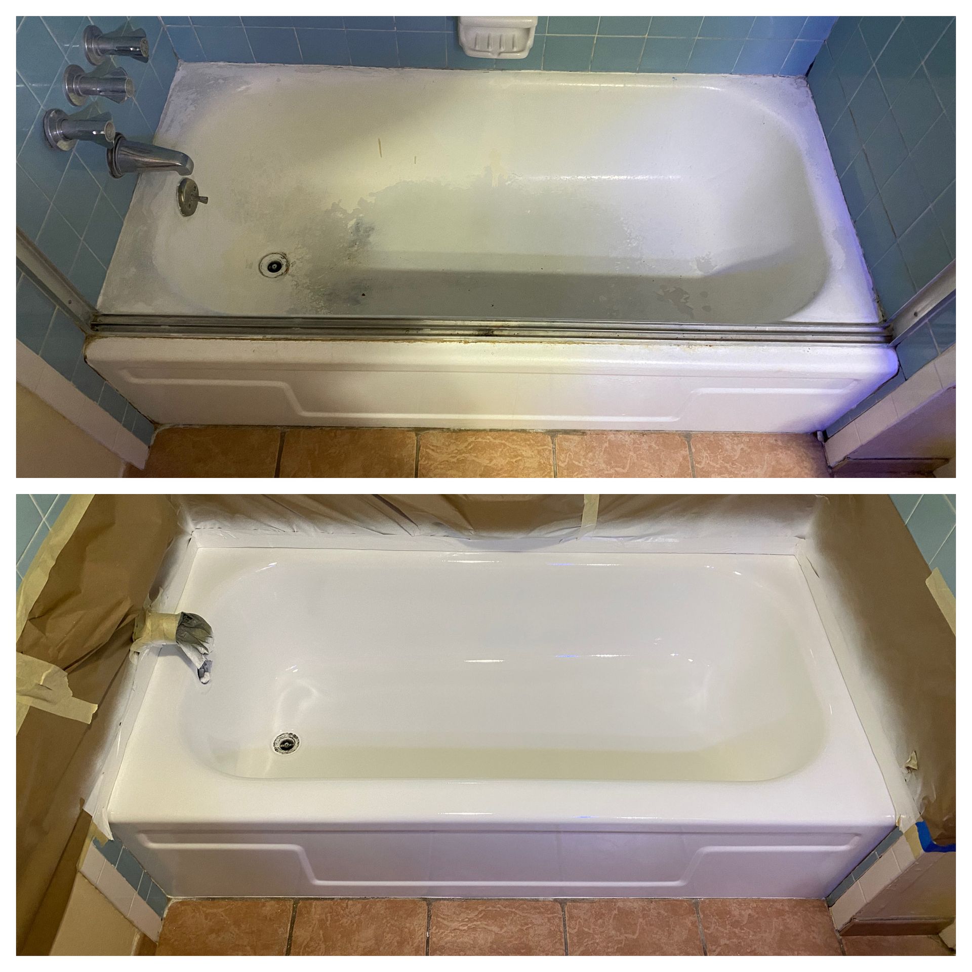 Before-and-after view of a bathtub refinishing, showing a worn tub above and a freshly white tub below.