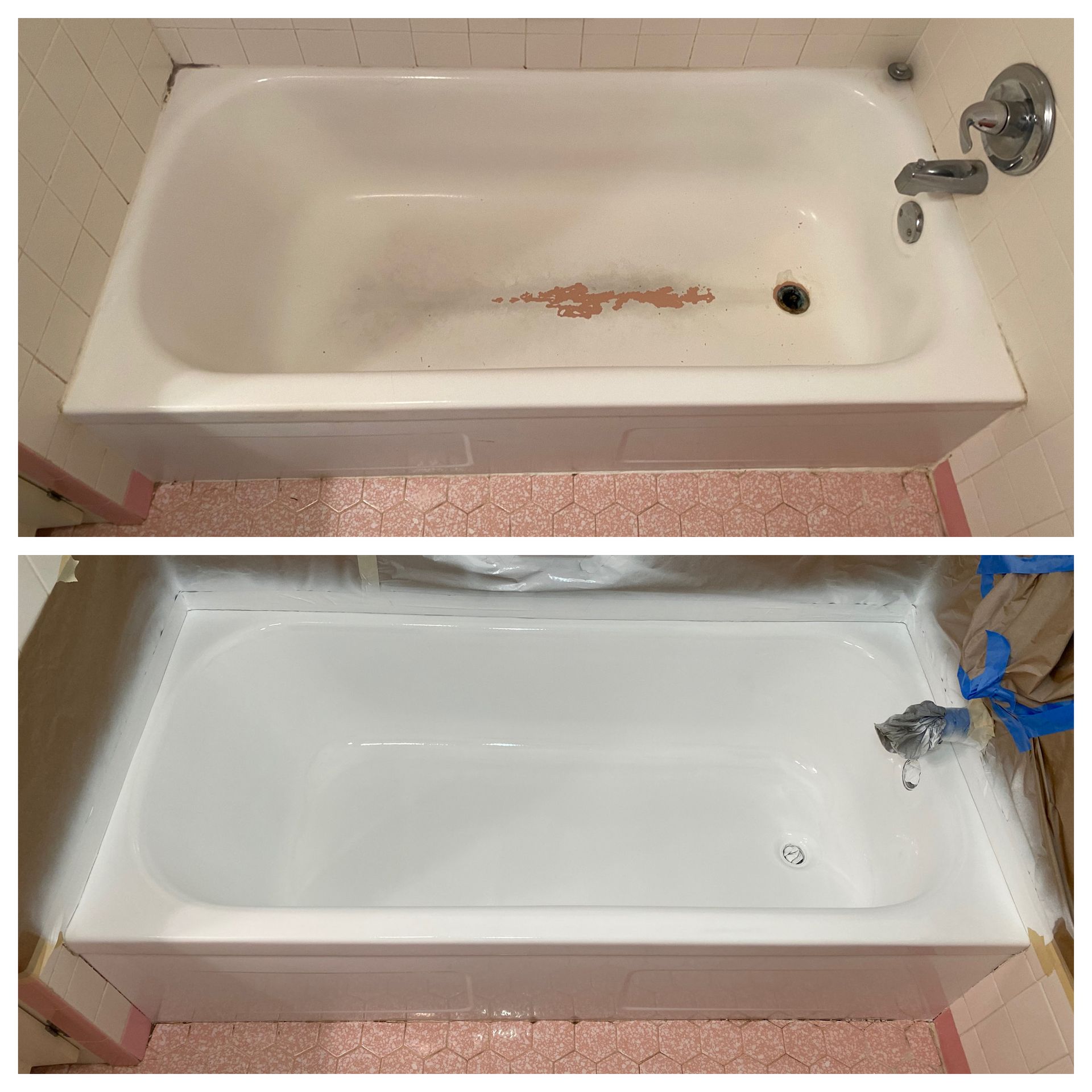 Before-and-after bathtub cleanup: stained white tub restored to clean, glossy white.